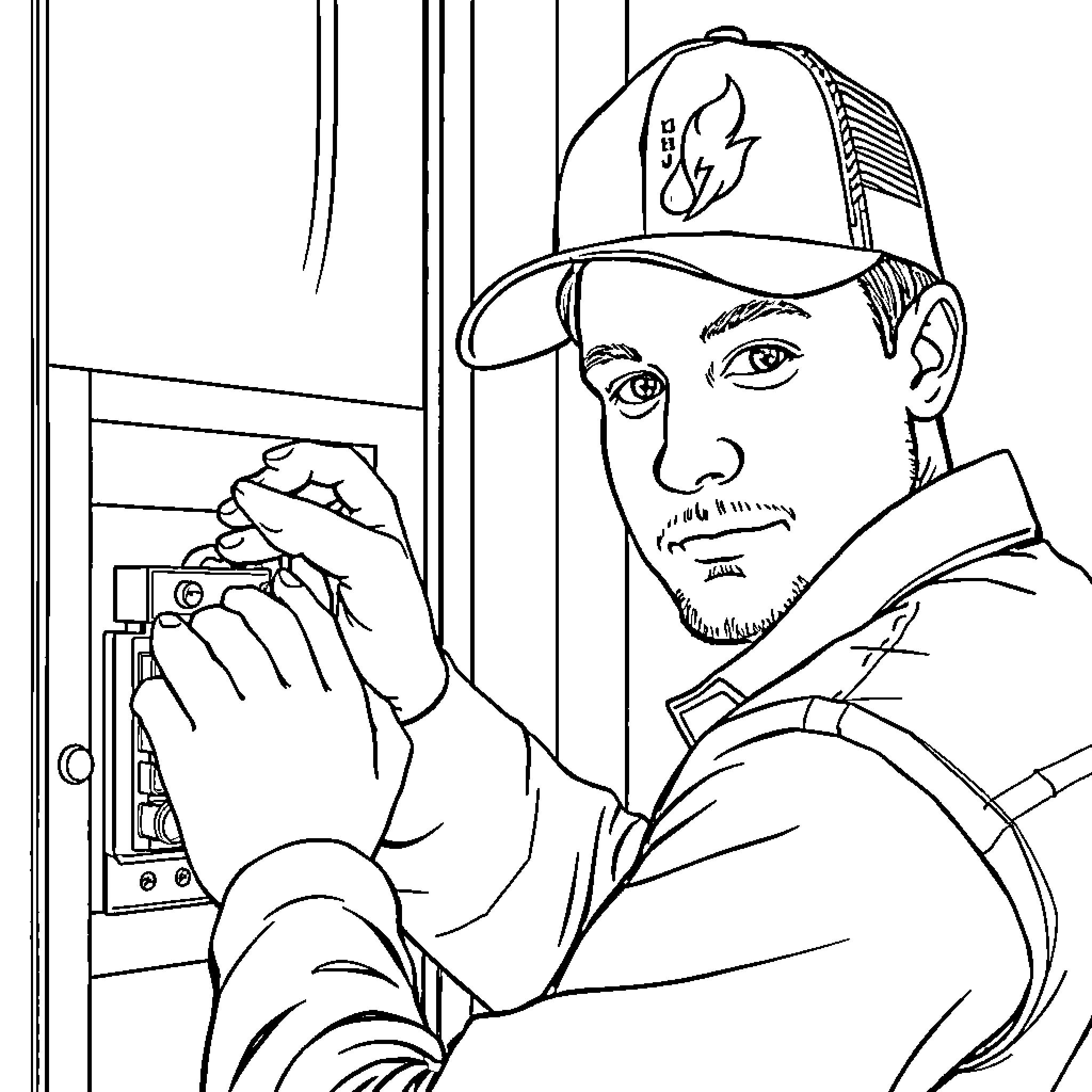 Electrician Examining Electrical Panel with Focused Expression Coloring Page (free black-and-white line drawing printable PDF for all, from beginners to advanced learners, including children, teens, adults, and seniors)