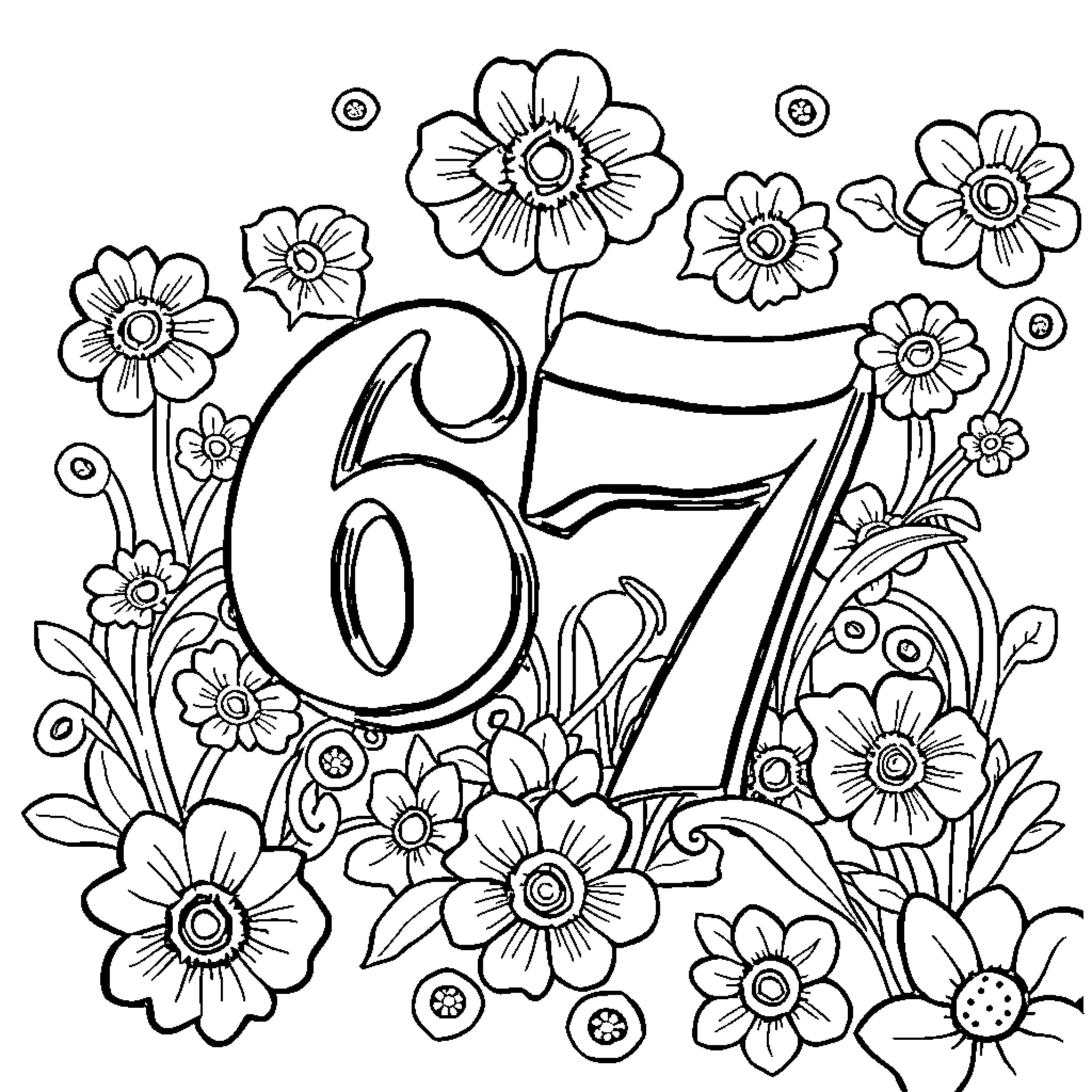 67 Floral Doodle with Numbers and Flowers Coloring Page (free black-and-white line drawing printable PDF for all, from beginners to advanced learners, including children, teens, adults, and seniors)