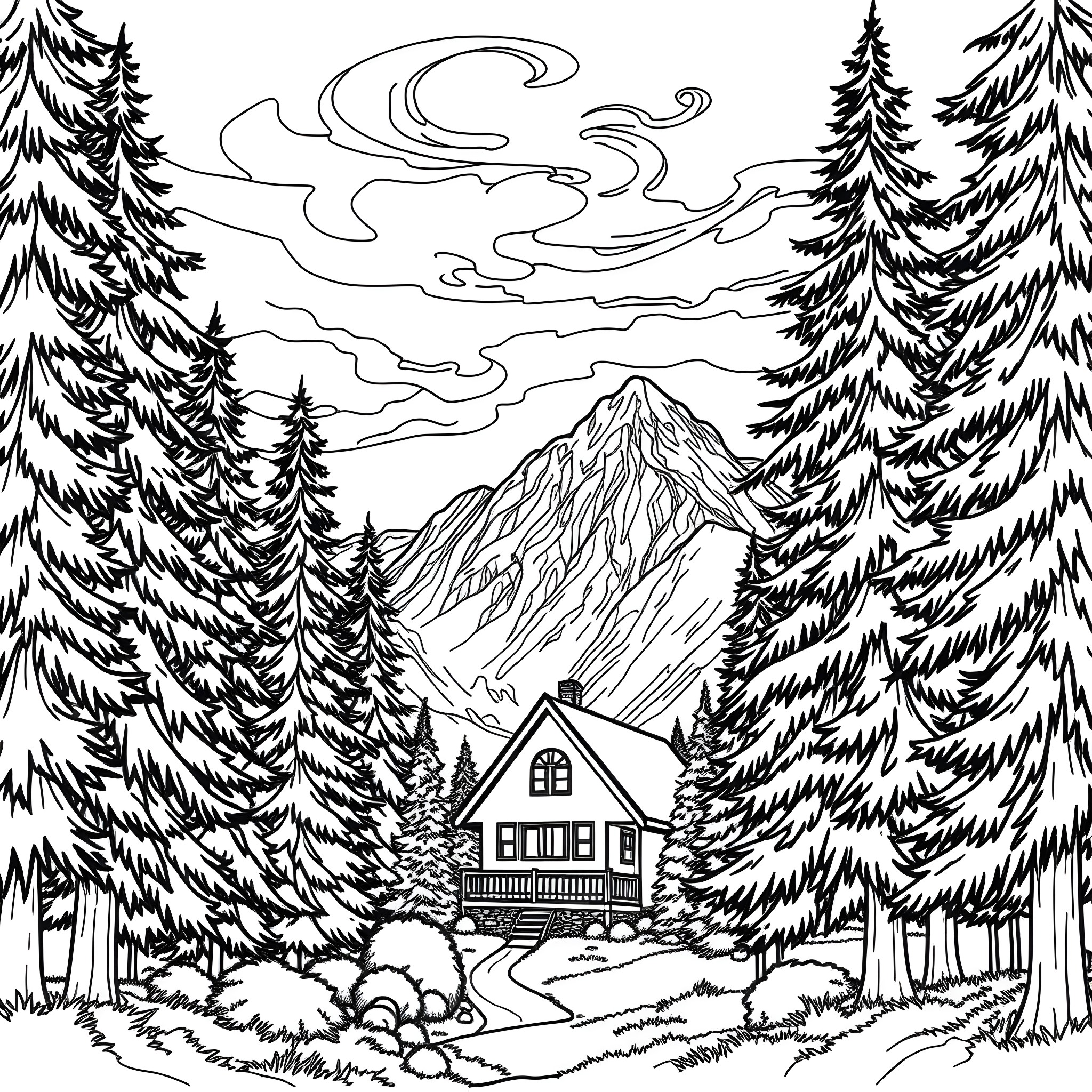 Tree-covered mountain landscape with cabin Coloring Page (free black-and-white line drawing printable PDF for all, from beginners to advanced learners, including children, teens, adults, and seniors)