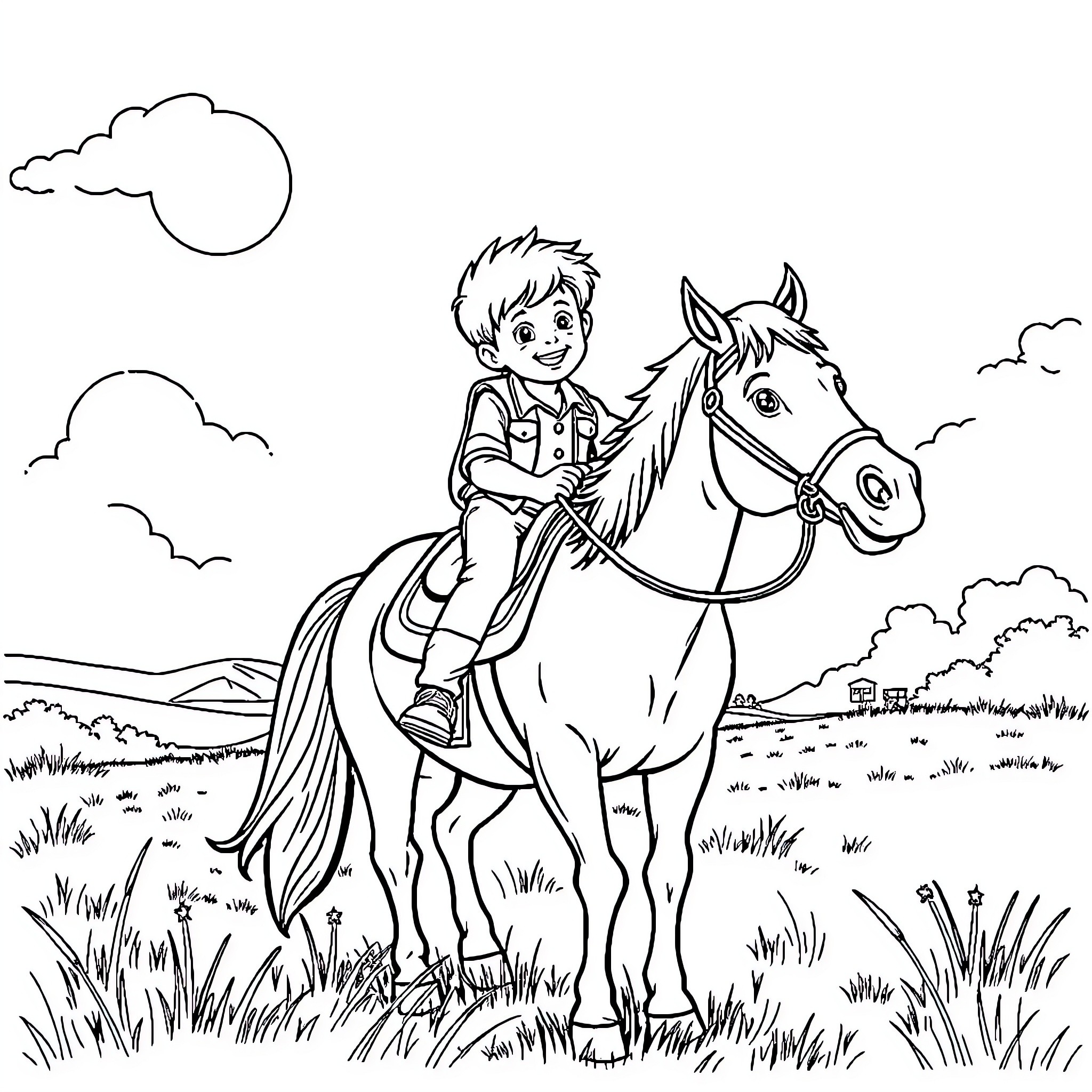 Boy riding horse through countryside landscape Coloring Page (free black-and-white line drawing printable PDF for all, from beginners to advanced learners, including children, teens, adults, and seniors)