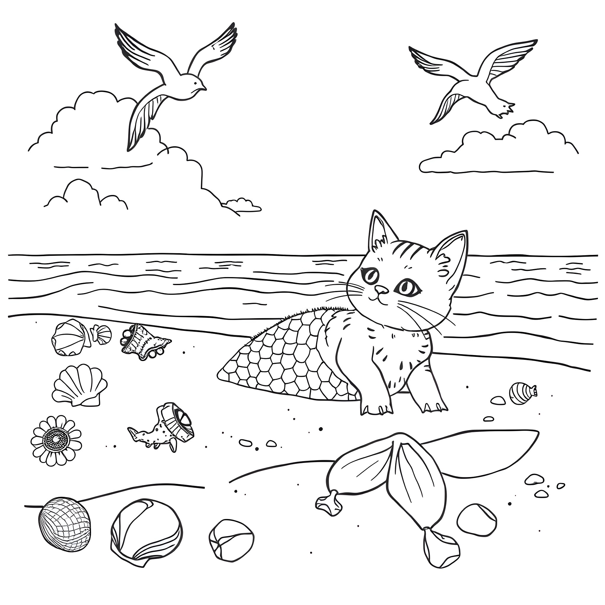 Mermaid cat exploring the underwater world Coloring Page (free black-and-white line drawing printable PDF for all, from beginners to advanced learners, including children, teens, adults, and seniors)