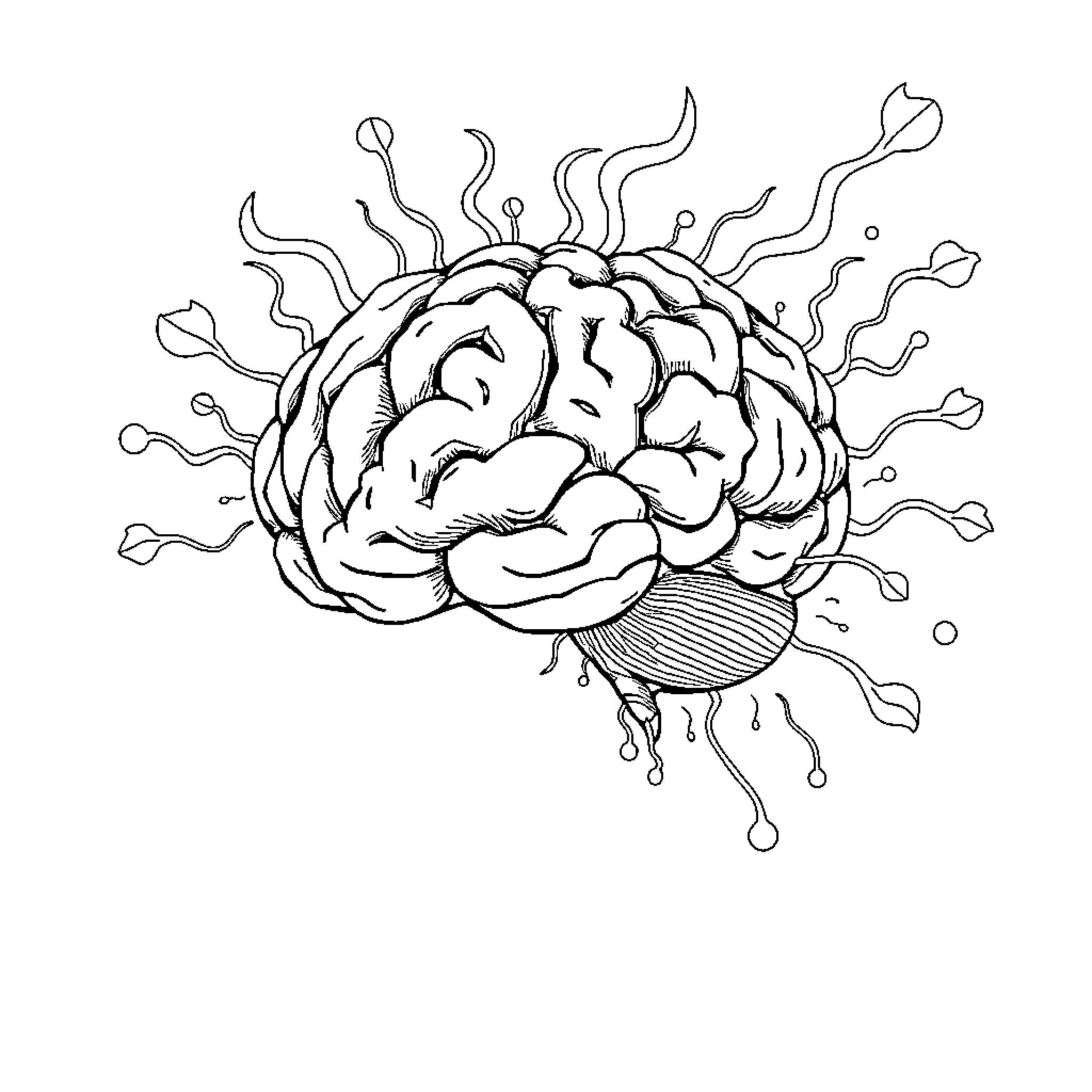 Brain Exploding with Creative Ideas Coloring Page (free black-and-white line drawing printable PDF for all, from beginners to advanced learners, including children, teens, adults, and seniors)