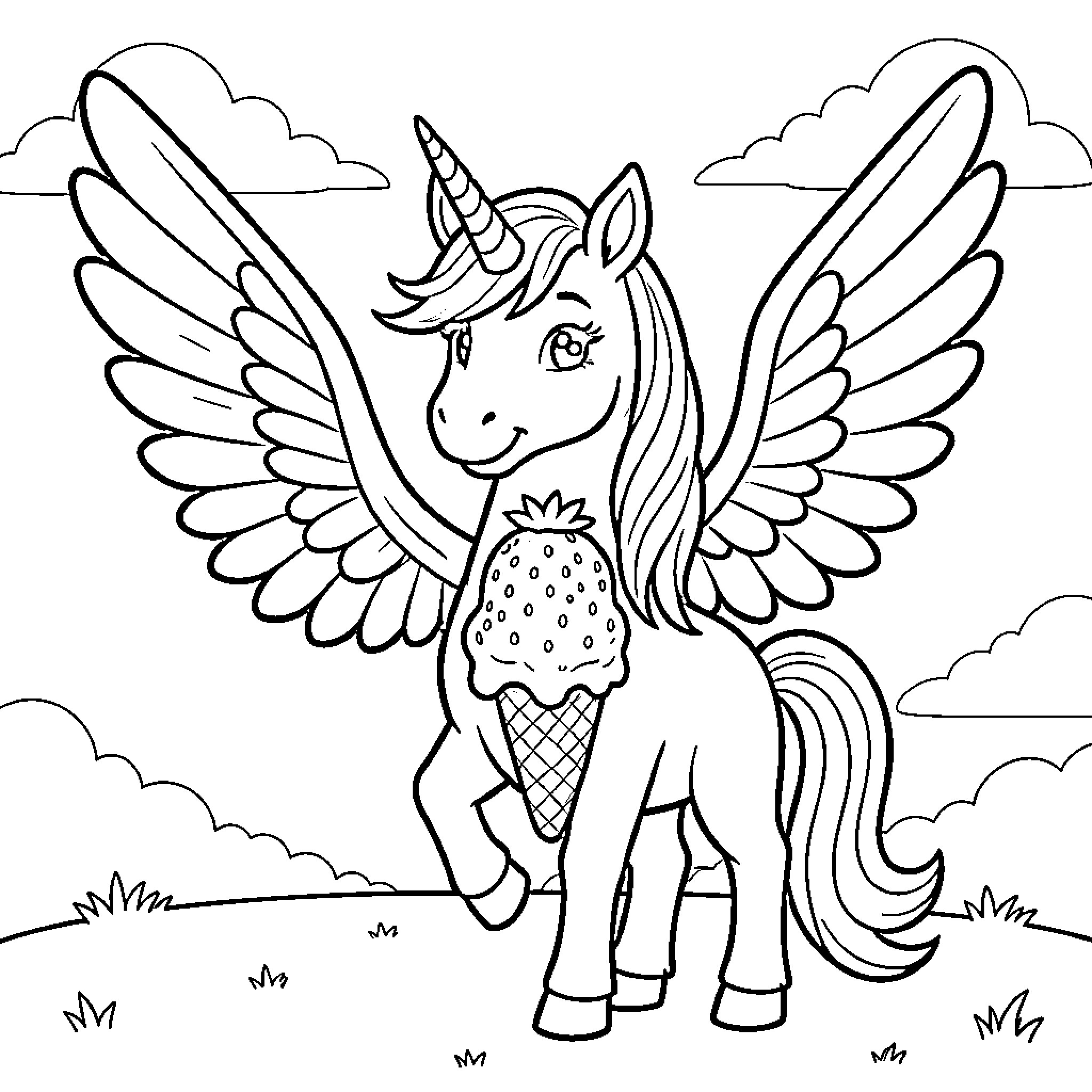 Unicorn with Majestic Wings and Ice Cream Coloring Page (free black-and-white line drawing printable PDF for all, from beginners to advanced learners, including children, teens, adults, and seniors)