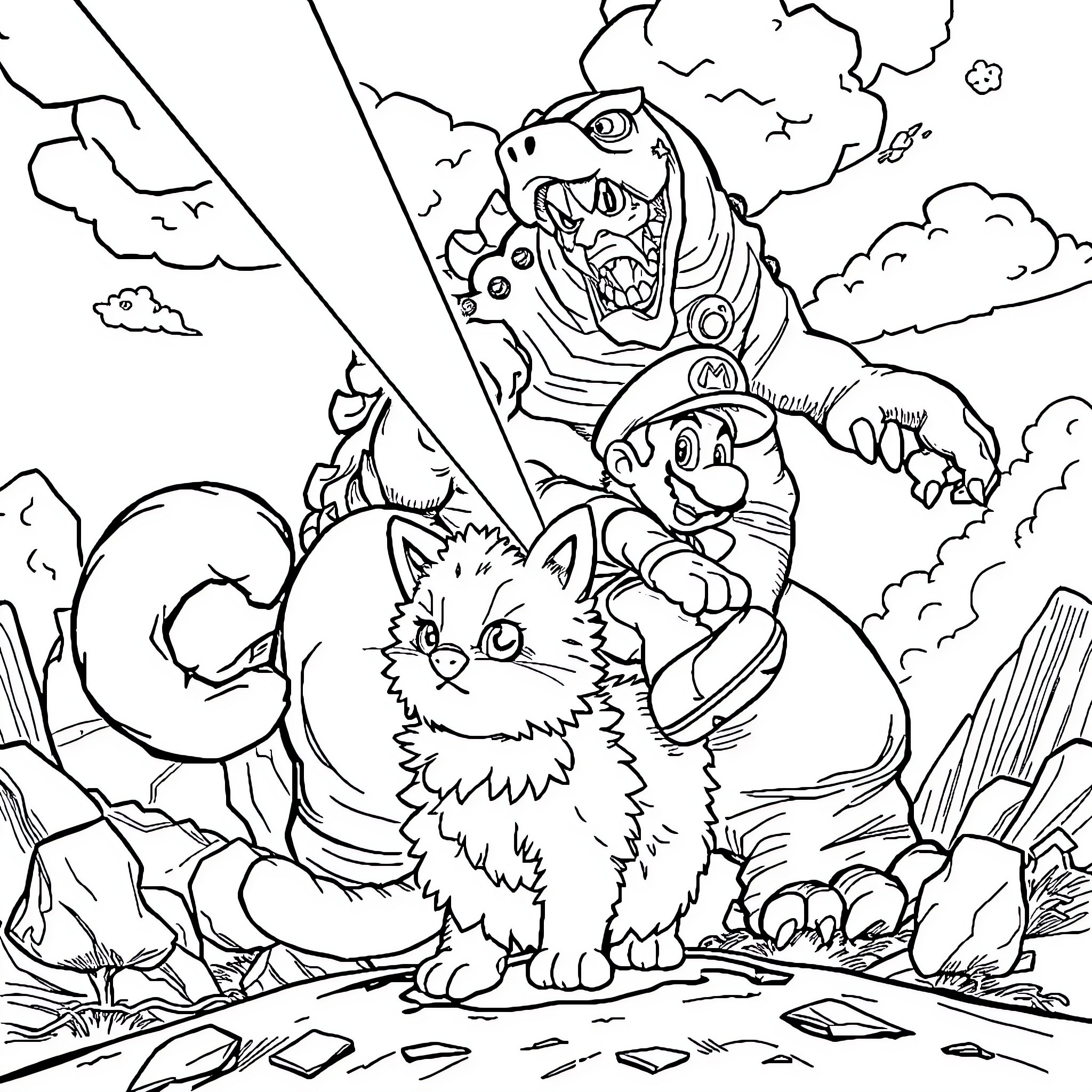 Super Mario Battles Fierce Dinosaur in Dramatic Landscape Coloring Page (free black-and-white line drawing printable PDF for all, from beginners to advanced learners, including children, teens, adults, and seniors)