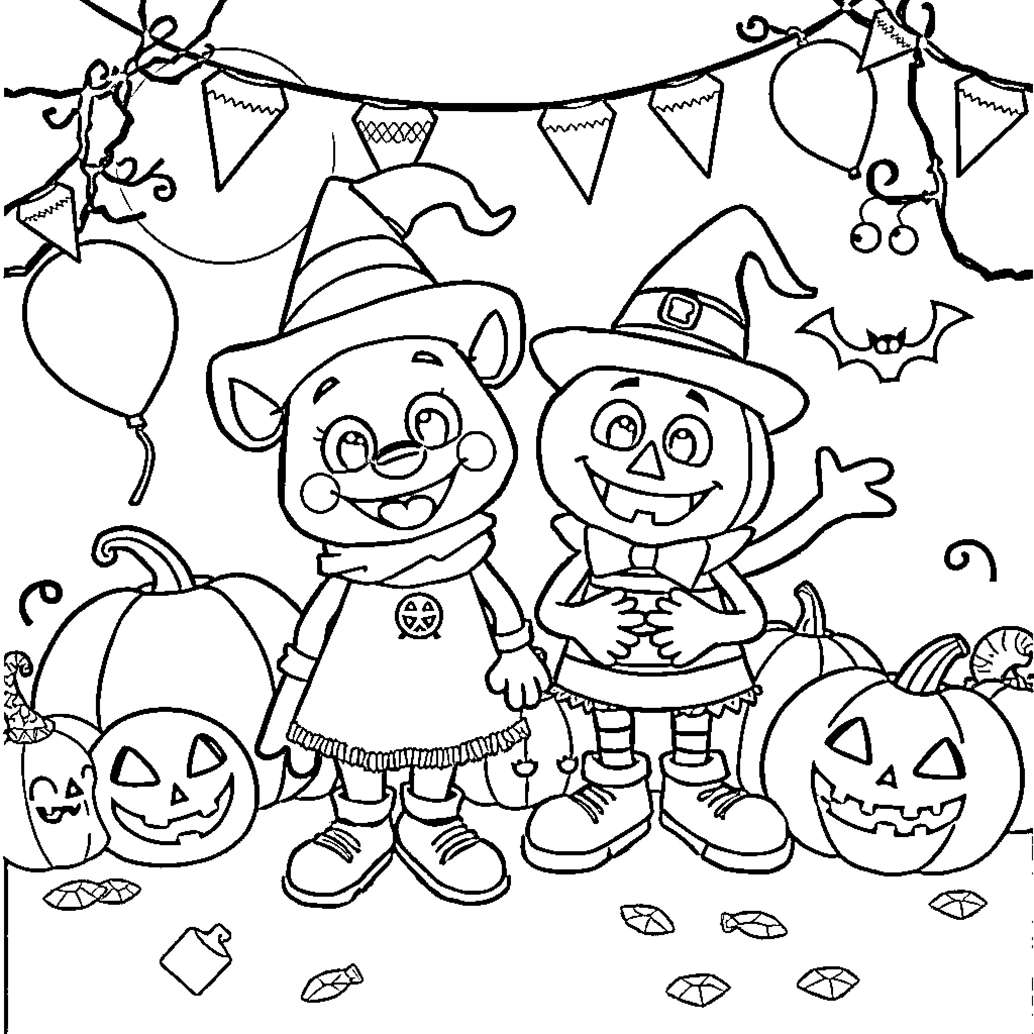 Bluey's Playful Halloween Celebration Coloring Page (free black-and-white line drawing printable PDF for all, from beginners to advanced learners, including children, teens, adults, and seniors)