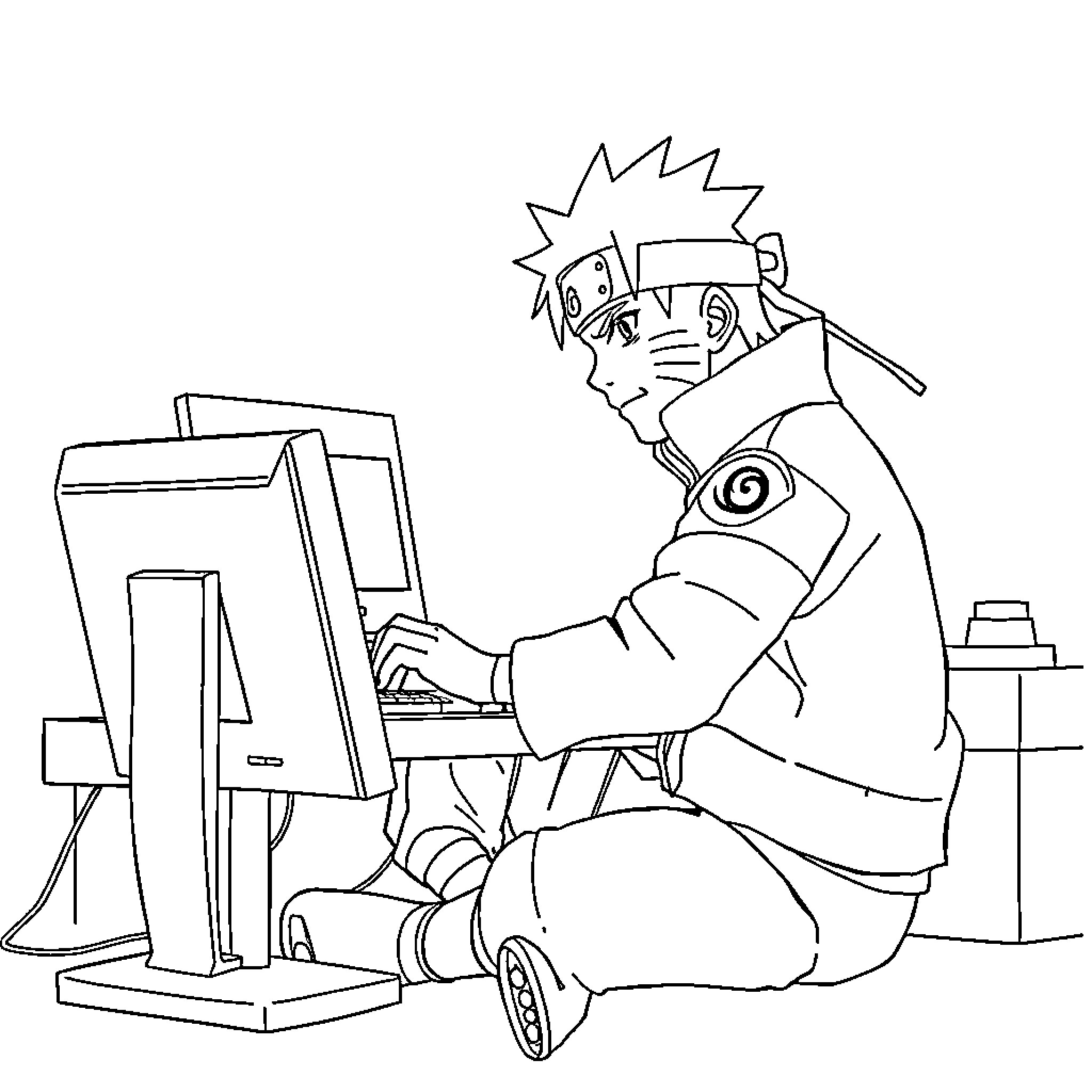Naruto using computer in study room Coloring Page (free black-and-white line drawing printable PDF for all, from beginners to advanced learners, including children, teens, adults, and seniors)