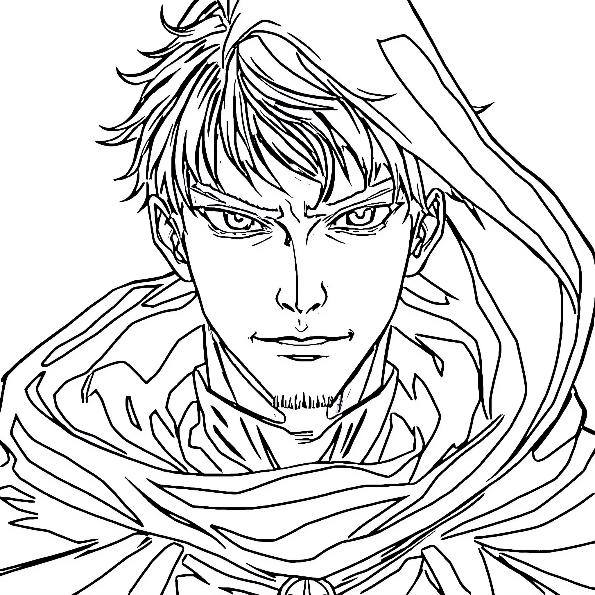 Man with intense gaze and dramatic hair Coloring Page (free black-and-white line drawing printable PDF for all, from beginners to advanced learners, including children, teens, adults, and seniors)