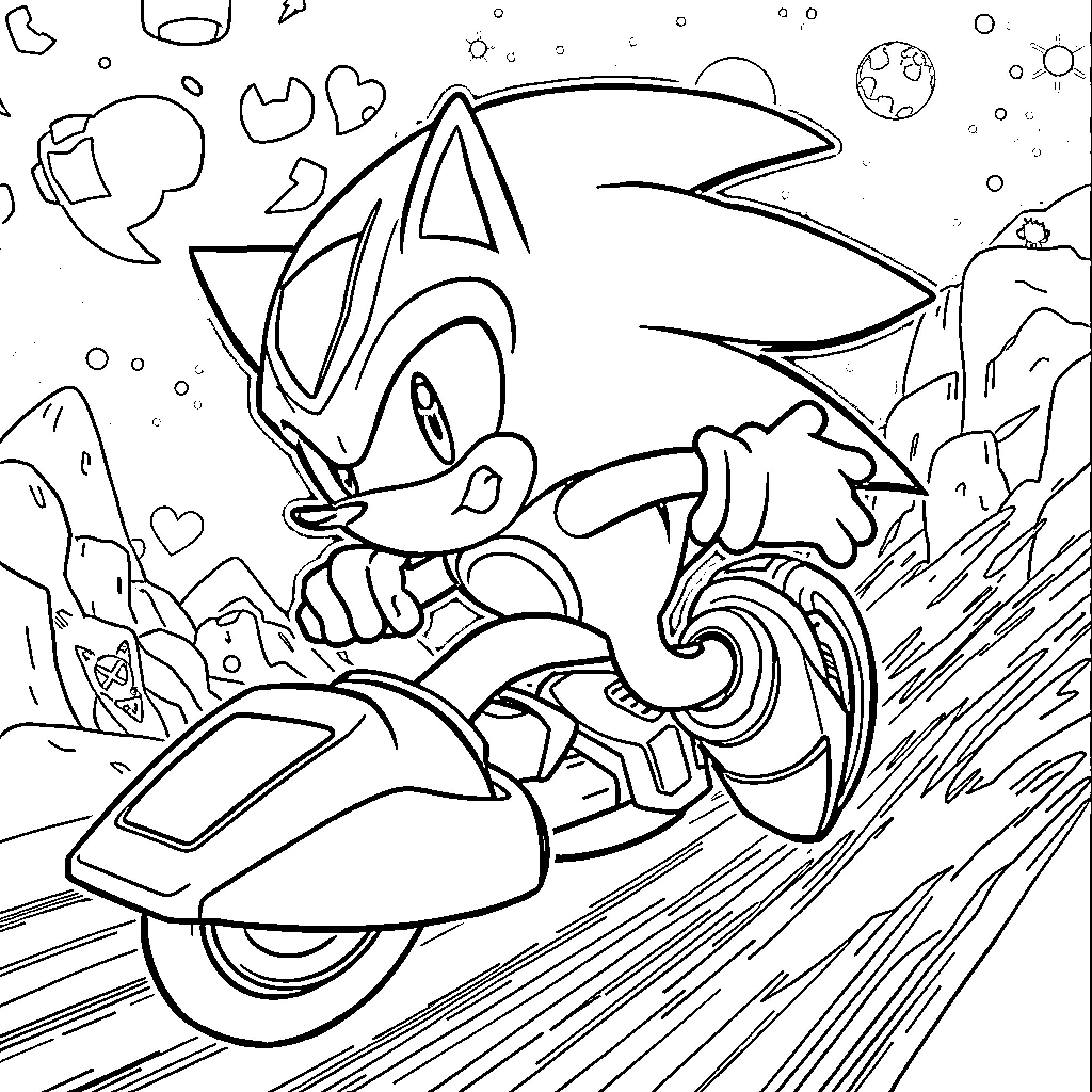 Sonic the Hedgehog speeding through a fantastical landscape Coloring Page (free black-and-white line drawing printable PDF for all, from beginners to advanced learners, including children, teens, adults, and seniors)