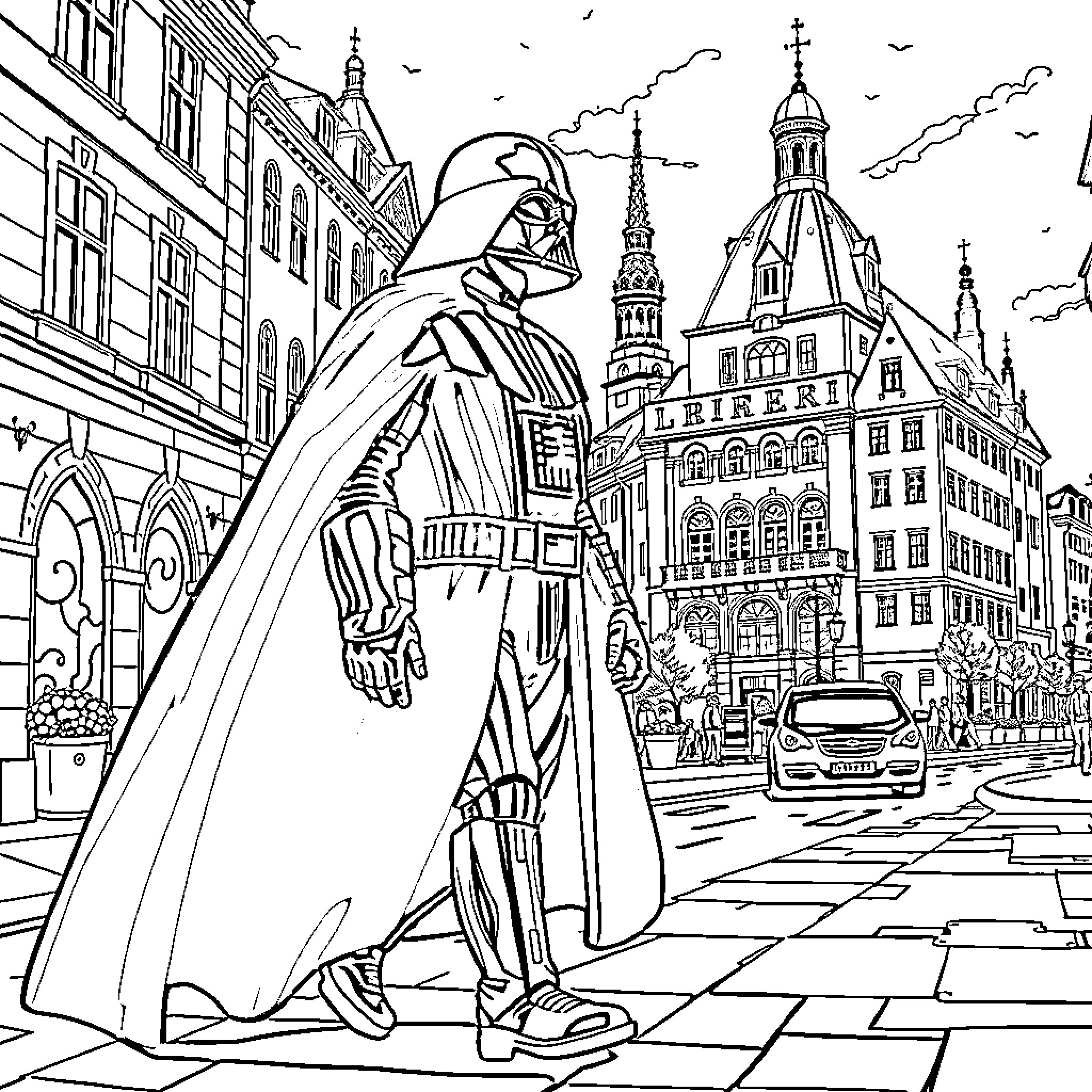 Darth Vader walking through a historic European city Coloring Page (free black-and-white line drawing printable PDF for all, from beginners to advanced learners, including children, teens, adults, and seniors)