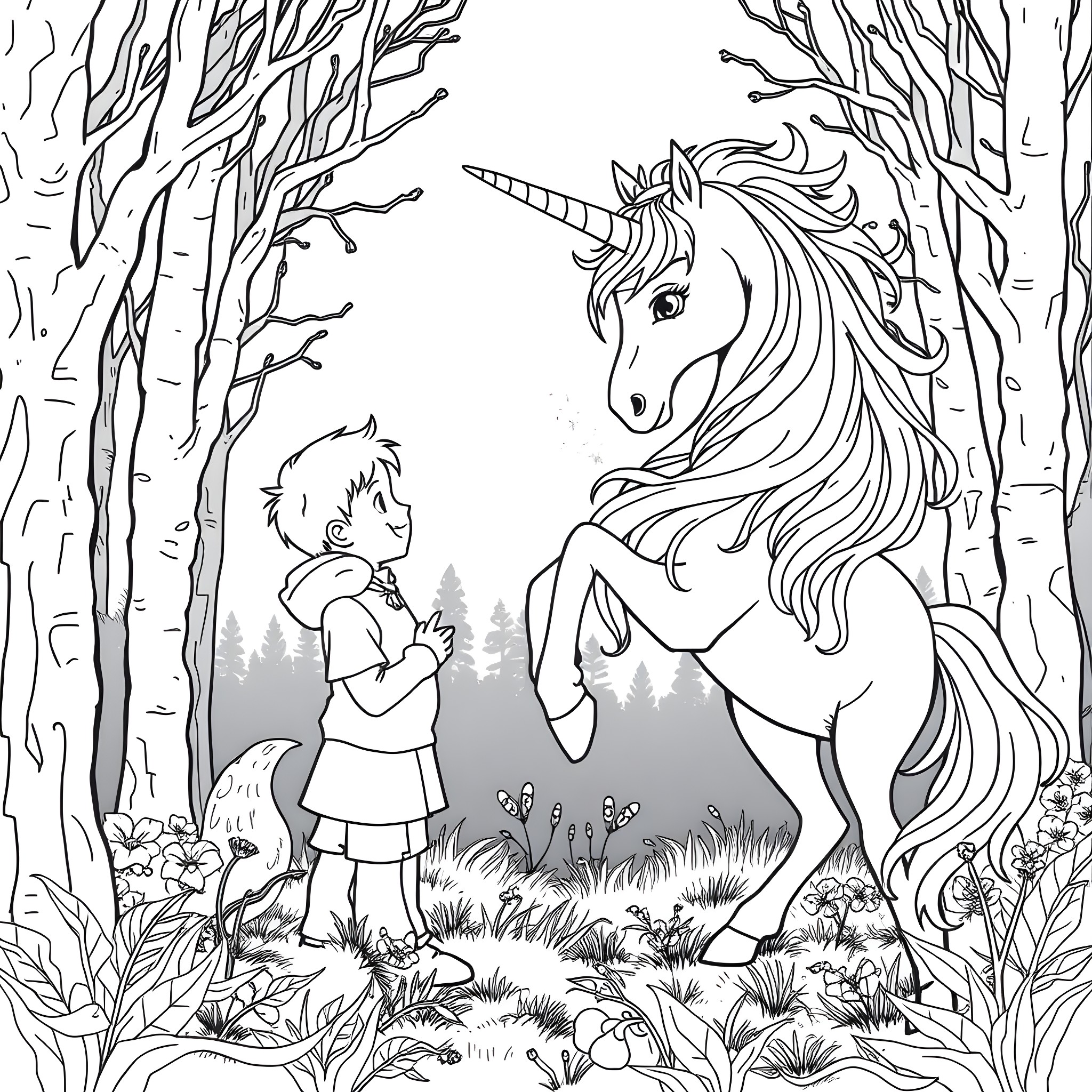 Unicorn enchanting a child in the enchanted forest Coloring Page (free black-and-white line drawing printable PDF for all, from beginners to advanced learners, including children, teens, adults, and seniors)