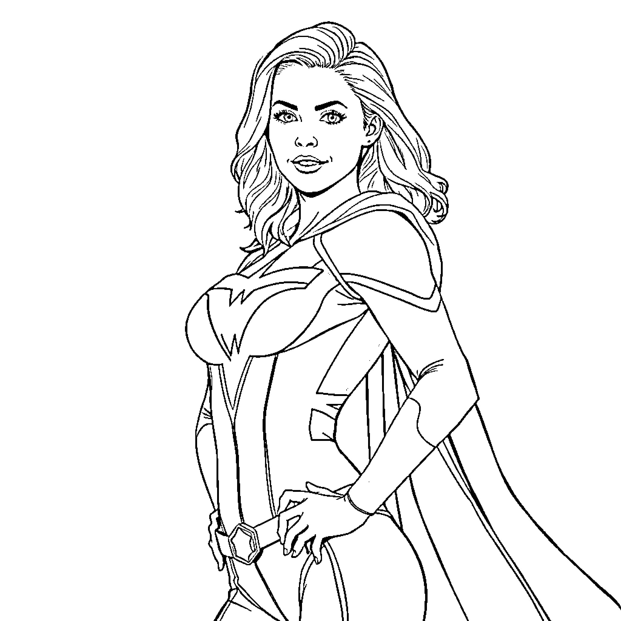 Power Girl in heroic pose Coloring Page (free black-and-white line drawing printable PDF for all, from beginners to advanced learners, including children, teens, adults, and seniors)
