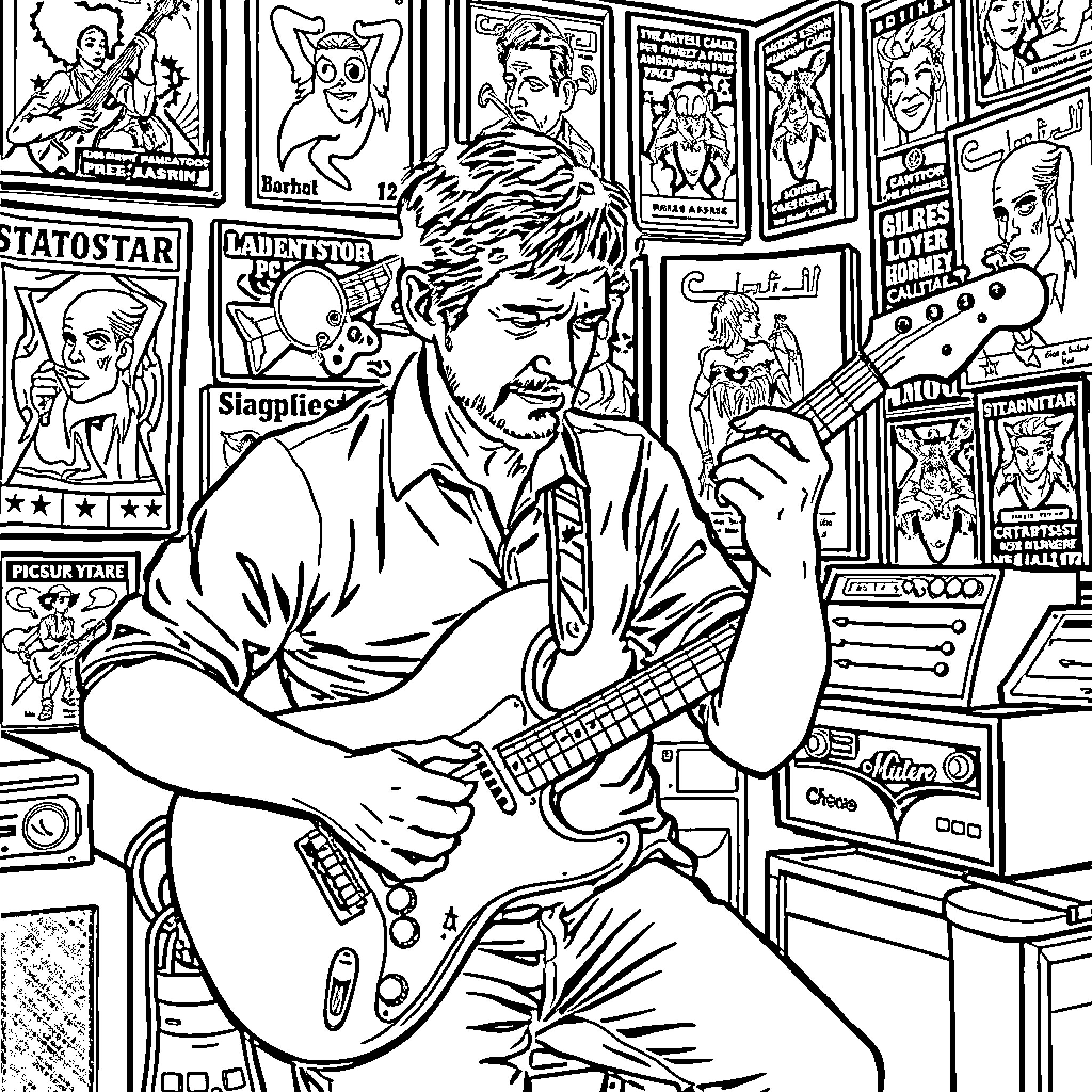 Man playing guitar in a music studio Coloring Page (free black-and-white line drawing printable PDF for all, from beginners to advanced learners, including children, teens, adults, and seniors)
