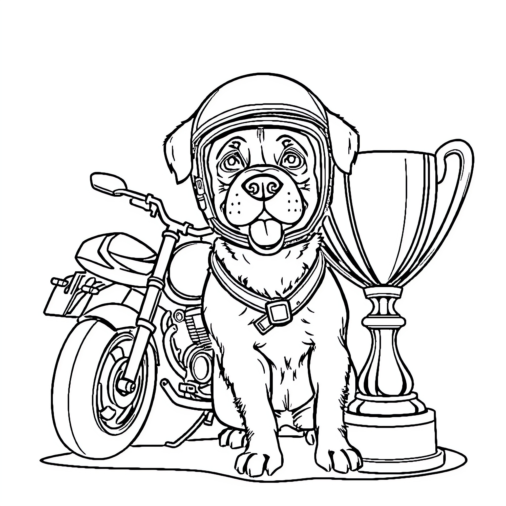 Dog wins racing competition with motorcycle trophy Coloring Page (free black-and-white line drawing printable PDF for all, from beginners to advanced learners, including children, teens, adults, and seniors)