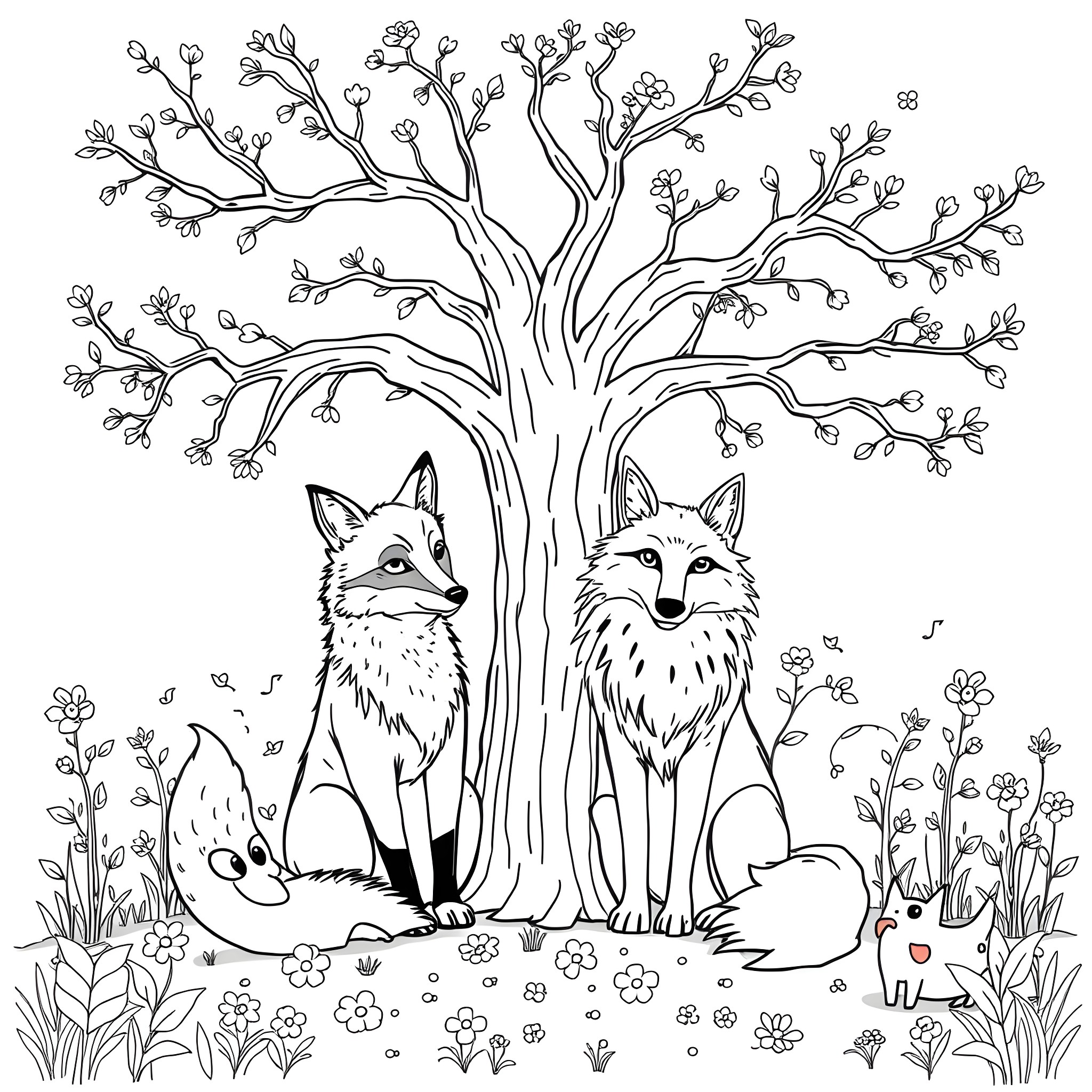 Foxes in the Enchanted Forest Coloring Page (free black-and-white line drawing printable PDF for all, from beginners to advanced learners, including children, teens, adults, and seniors)