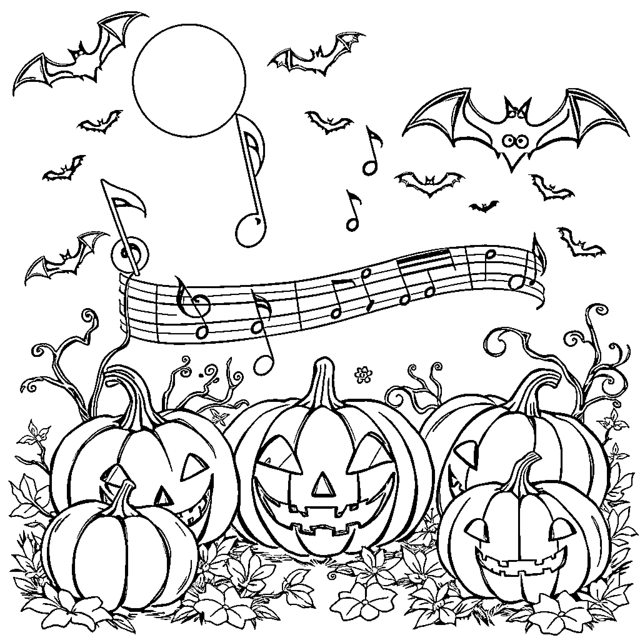 Music Note Halloween Scene with Pumpkins and Bats Coloring Page (free black-and-white line drawing printable PDF for all, from beginners to advanced learners, including children, teens, adults, and seniors)