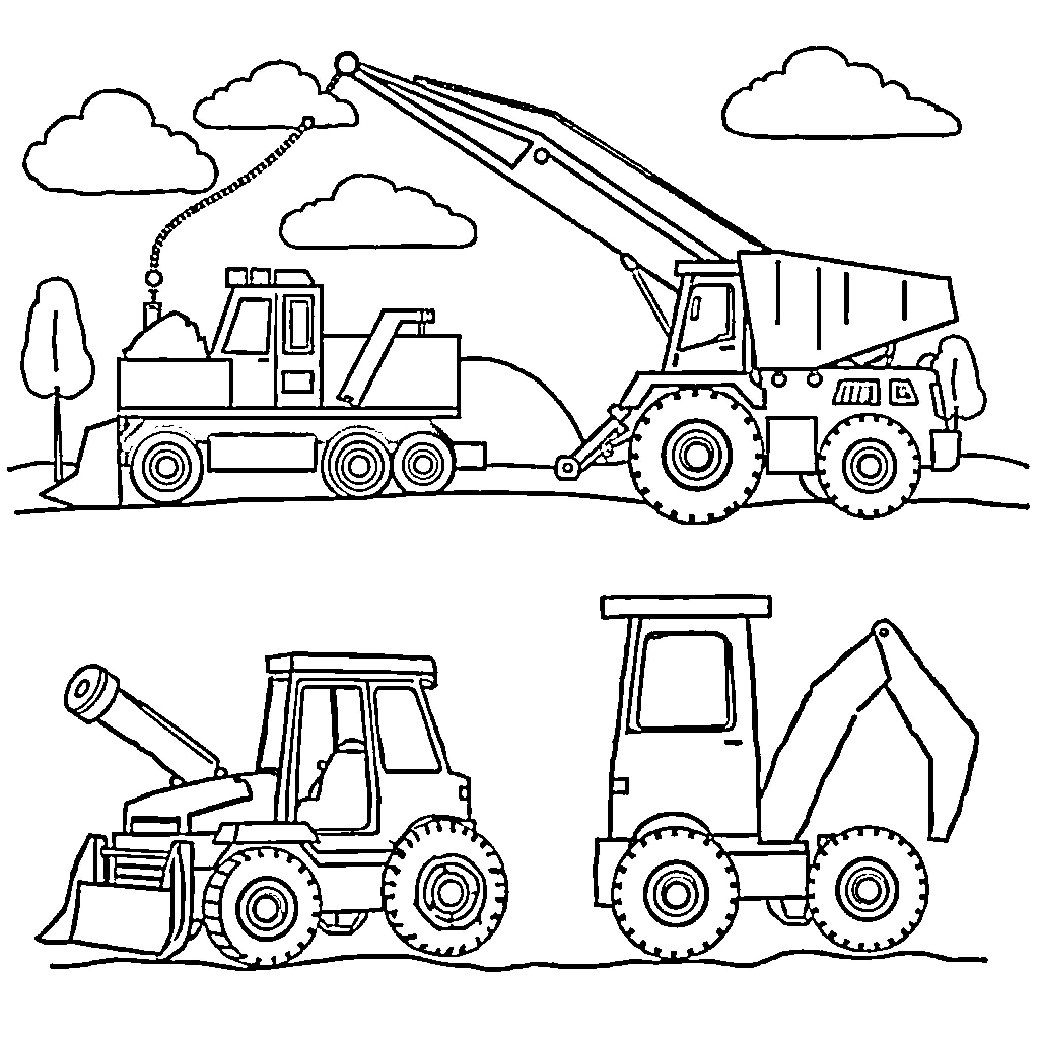 Construction Vehicles Performing Various Tasks Coloring Page (free black-and-white line drawing printable PDF for all, from beginners to advanced learners, including children, teens, adults, and seniors)