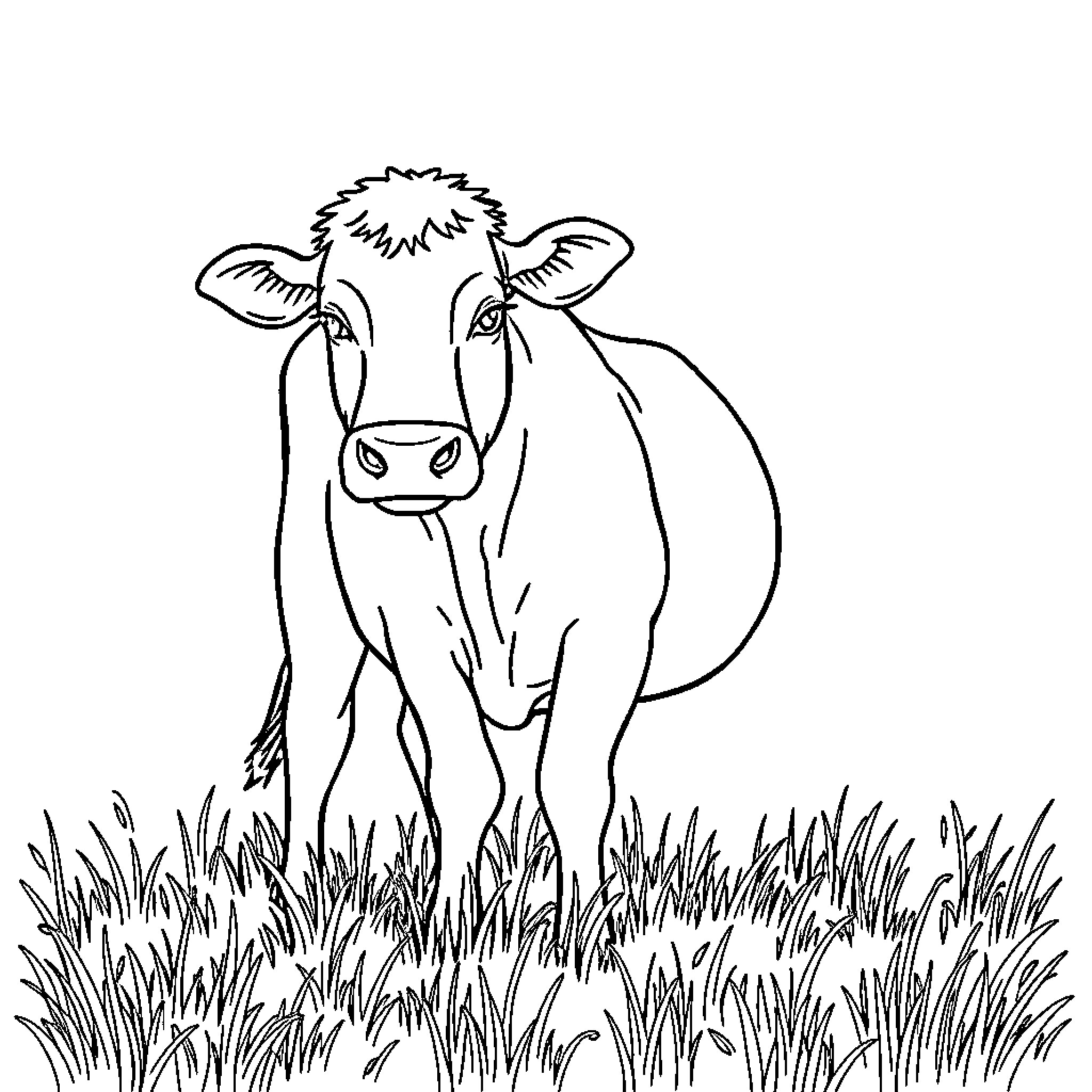 Cow standing in a grassy field Coloring Page (free black-and-white line drawing printable PDF for all, from beginners to advanced learners, including children, teens, adults, and seniors)