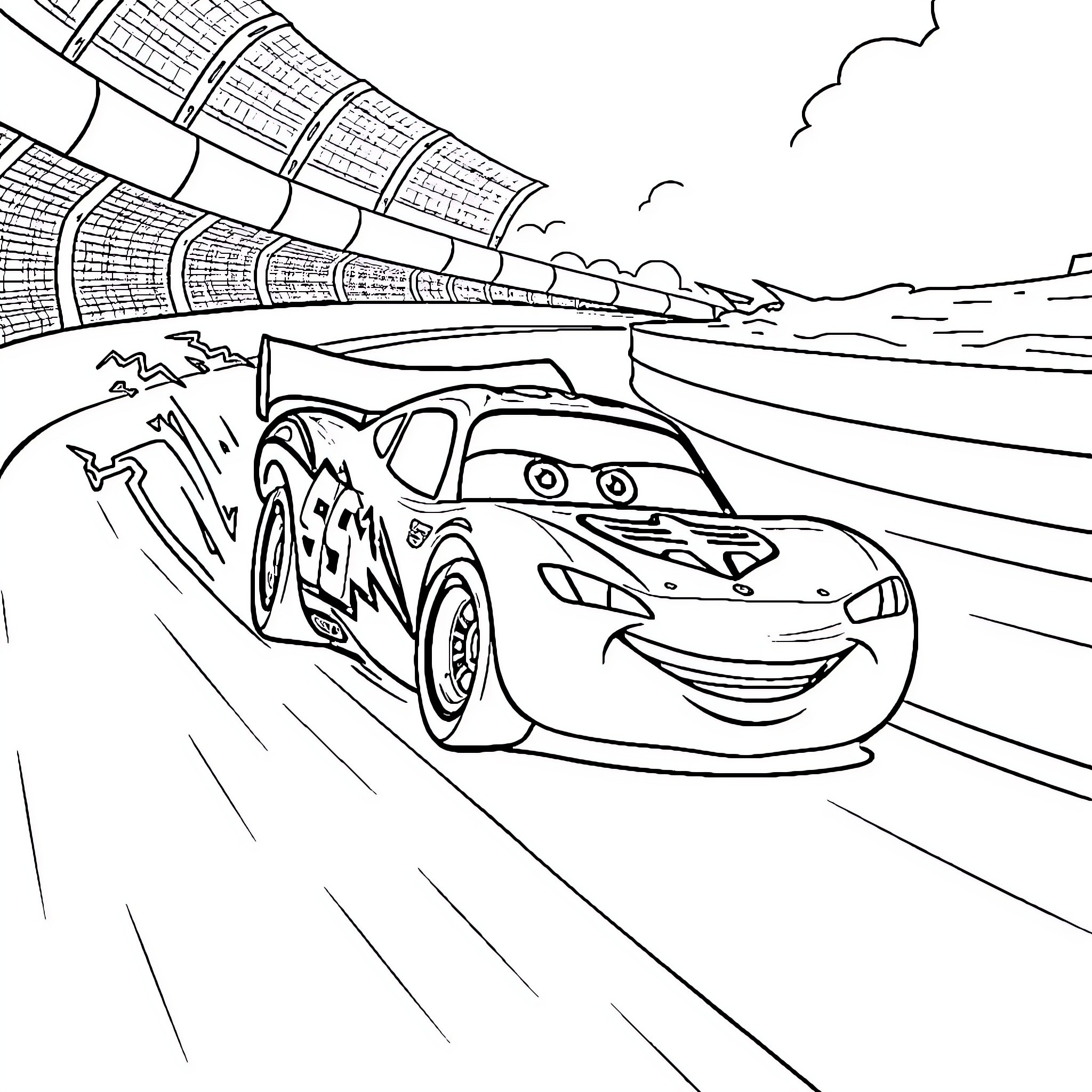 Flash MC Queen racing on the track Coloring Page (free black-and-white line drawing printable PDF for all, from beginners to advanced learners, including children, teens, adults, and seniors)