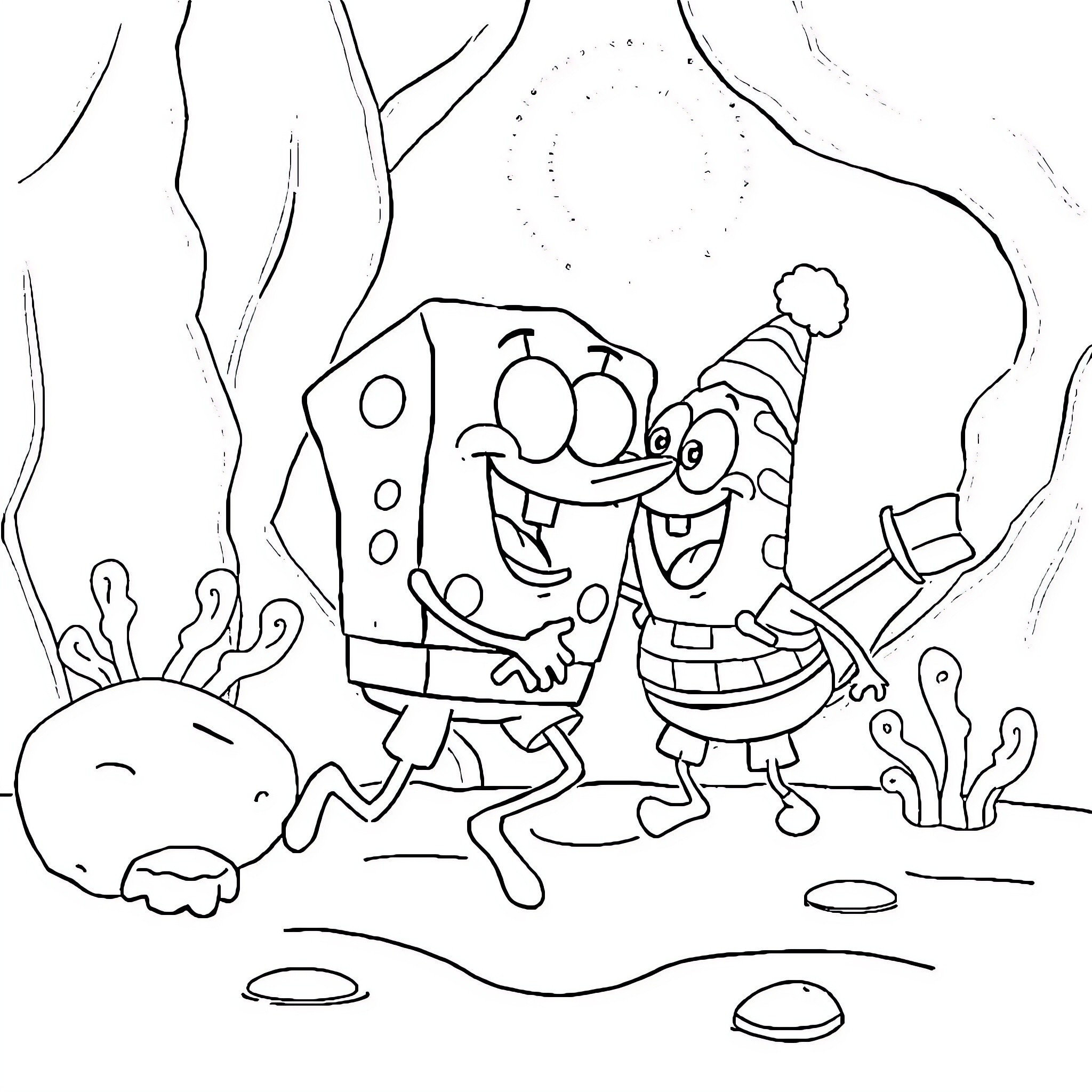 Bob esponja enjoying a silly underwater adventure Coloring Page (free black-and-white line drawing printable PDF for all, from beginners to advanced learners, including children, teens, adults, and seniors)