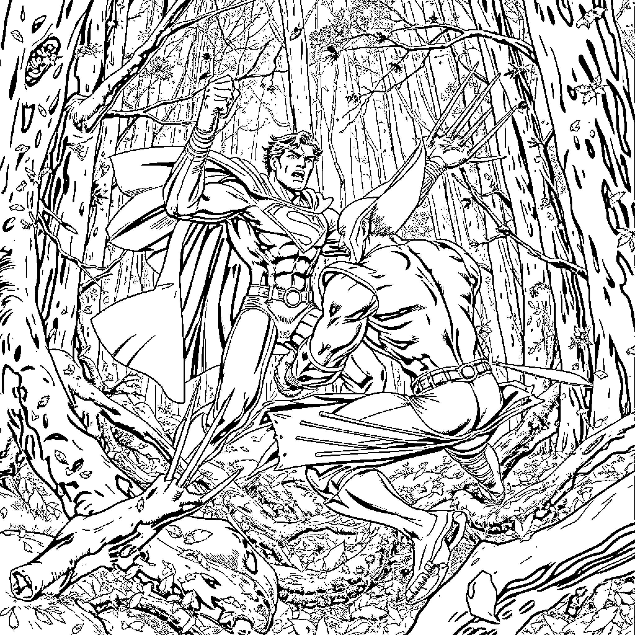 Superman battling villains in a dense forest Coloring Page (free black-and-white line drawing printable PDF for all, from beginners to advanced learners, including children, teens, adults, and seniors)