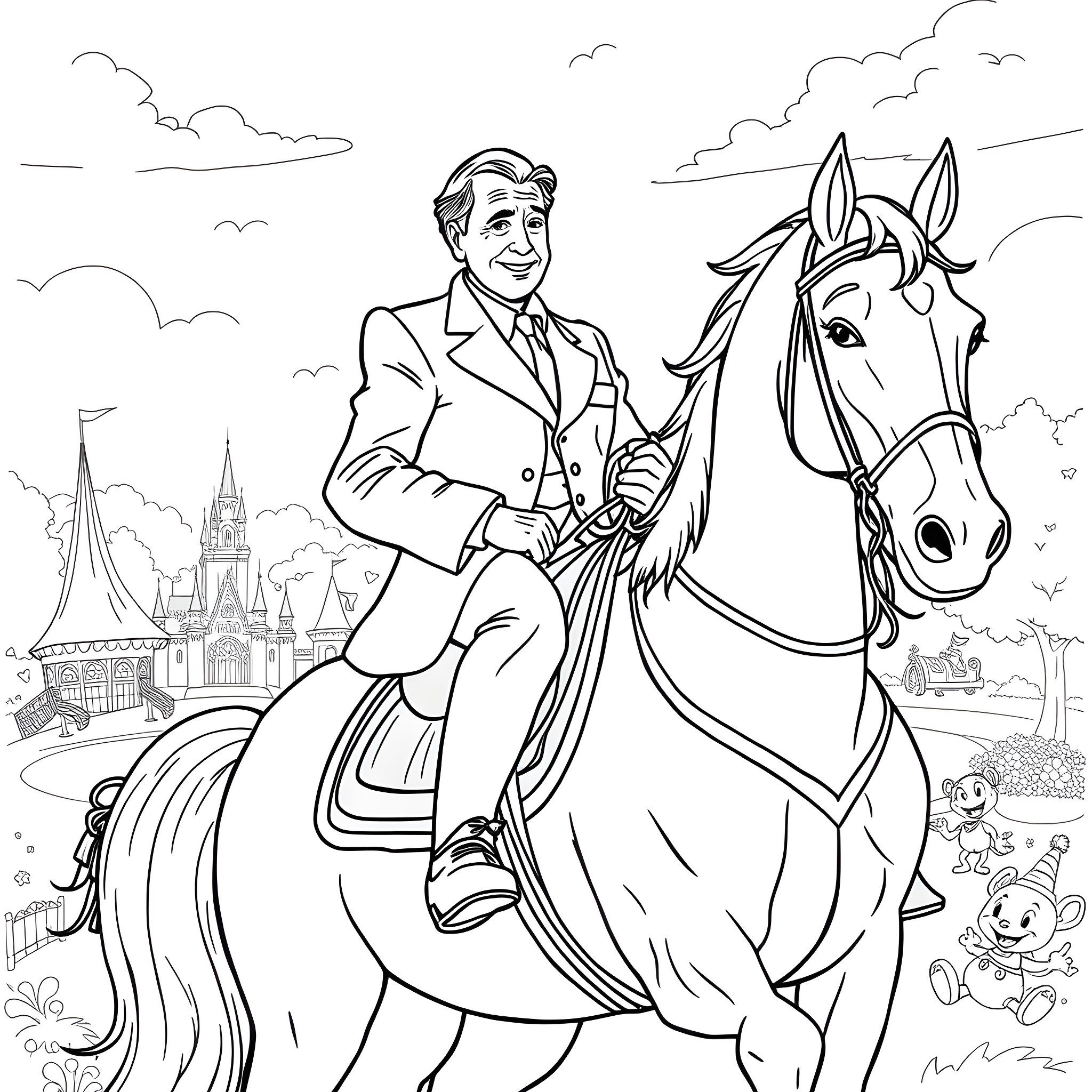 Walt Disney riding a horse in a castle-like setting Coloring Page (free black-and-white line drawing printable PDF for all, from beginners to advanced learners, including children, teens, adults, and seniors)
