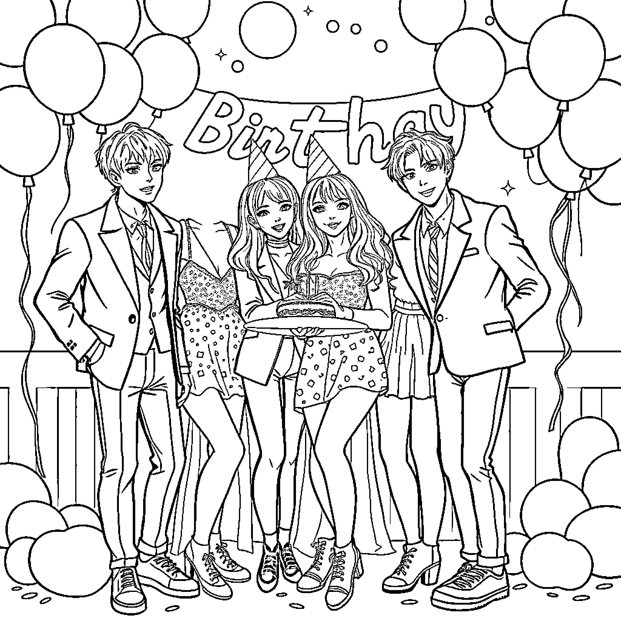 Kpop Group Celebrating Birthday with Balloons Coloring Page (free black-and-white line drawing printable PDF for all, from beginners to advanced learners, including children, teens, adults, and seniors)