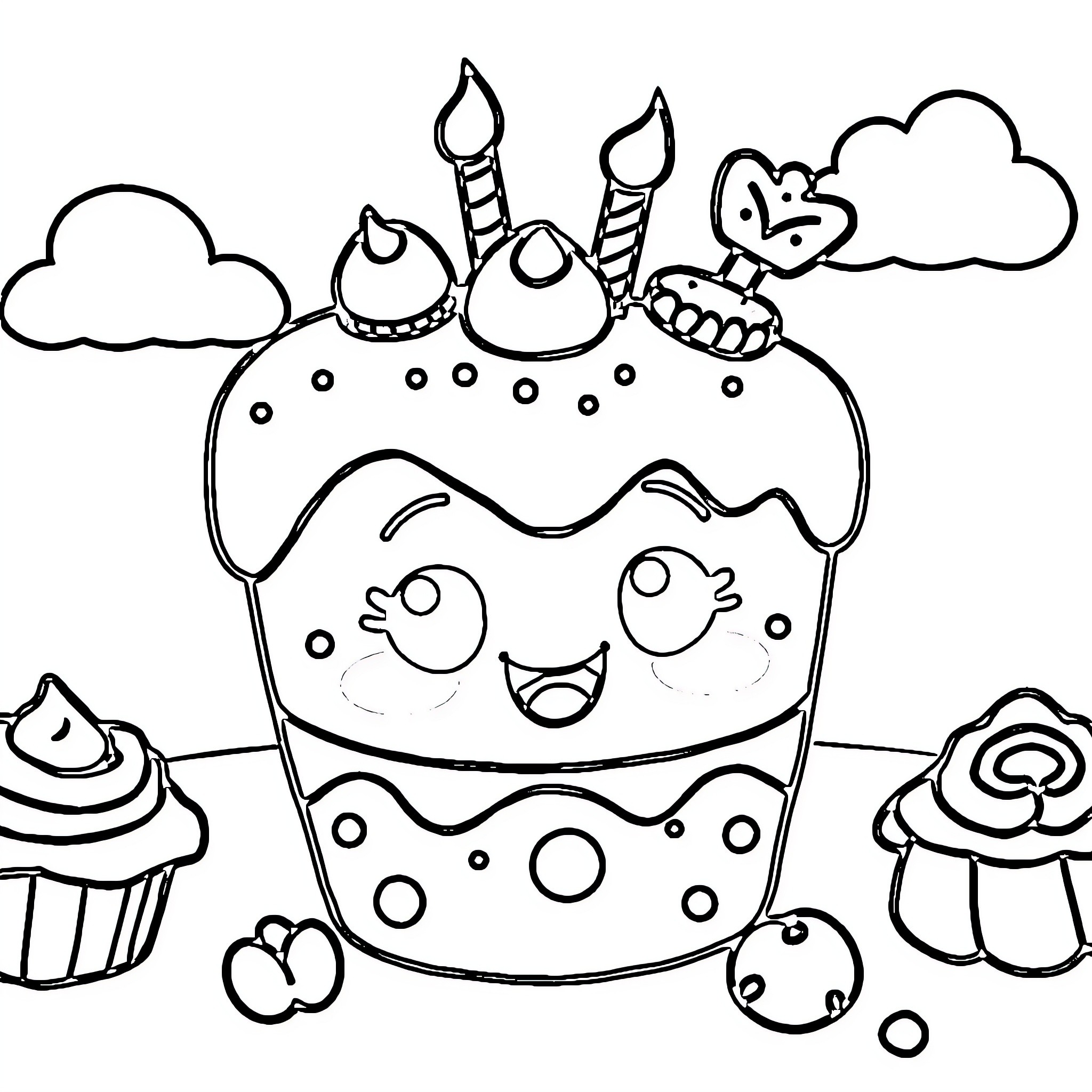 Cake with Whimsical Decorations and Treats Coloring Page (free black-and-white line drawing printable PDF for all, from beginners to advanced learners, including children, teens, adults, and seniors)