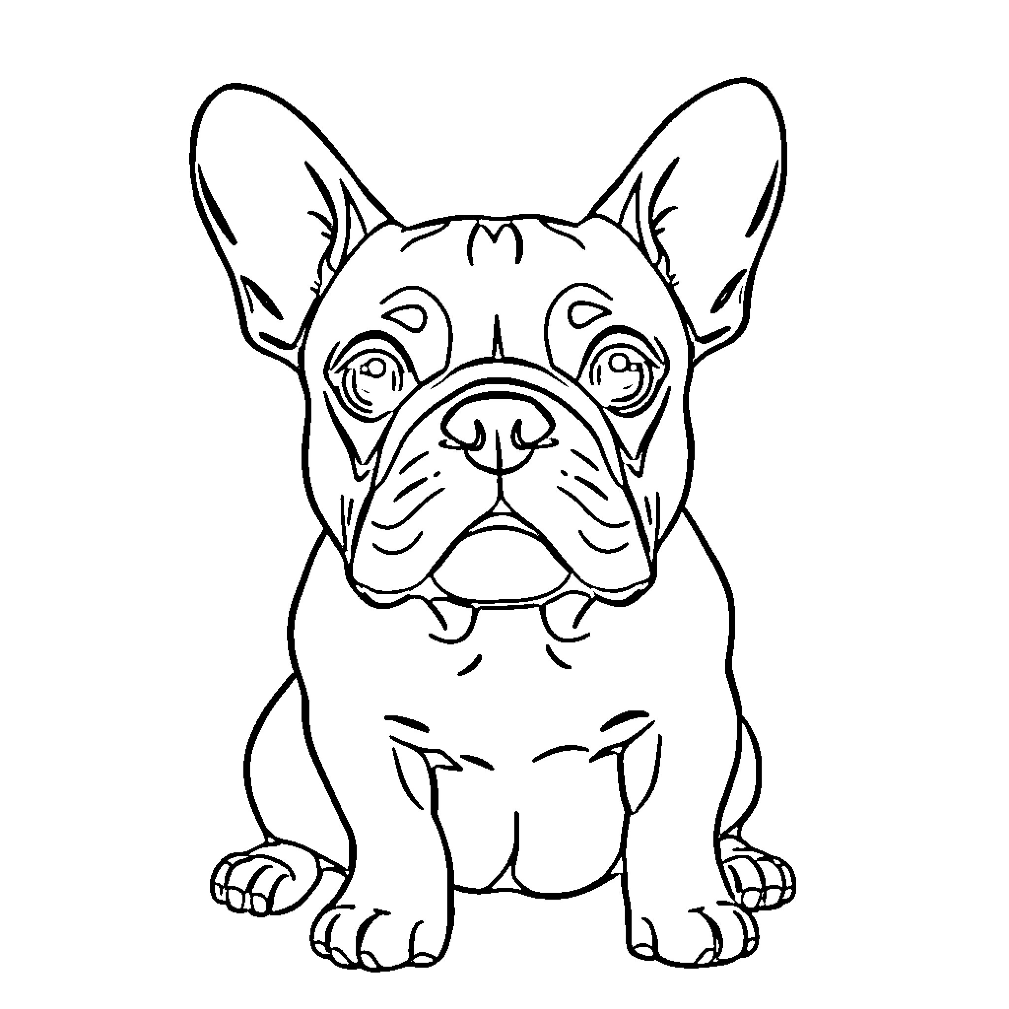 French Bulldog sitting with curious expression Coloring Page (free black-and-white line drawing printable PDF for all, from beginners to advanced learners, including children, teens, adults, and seniors)