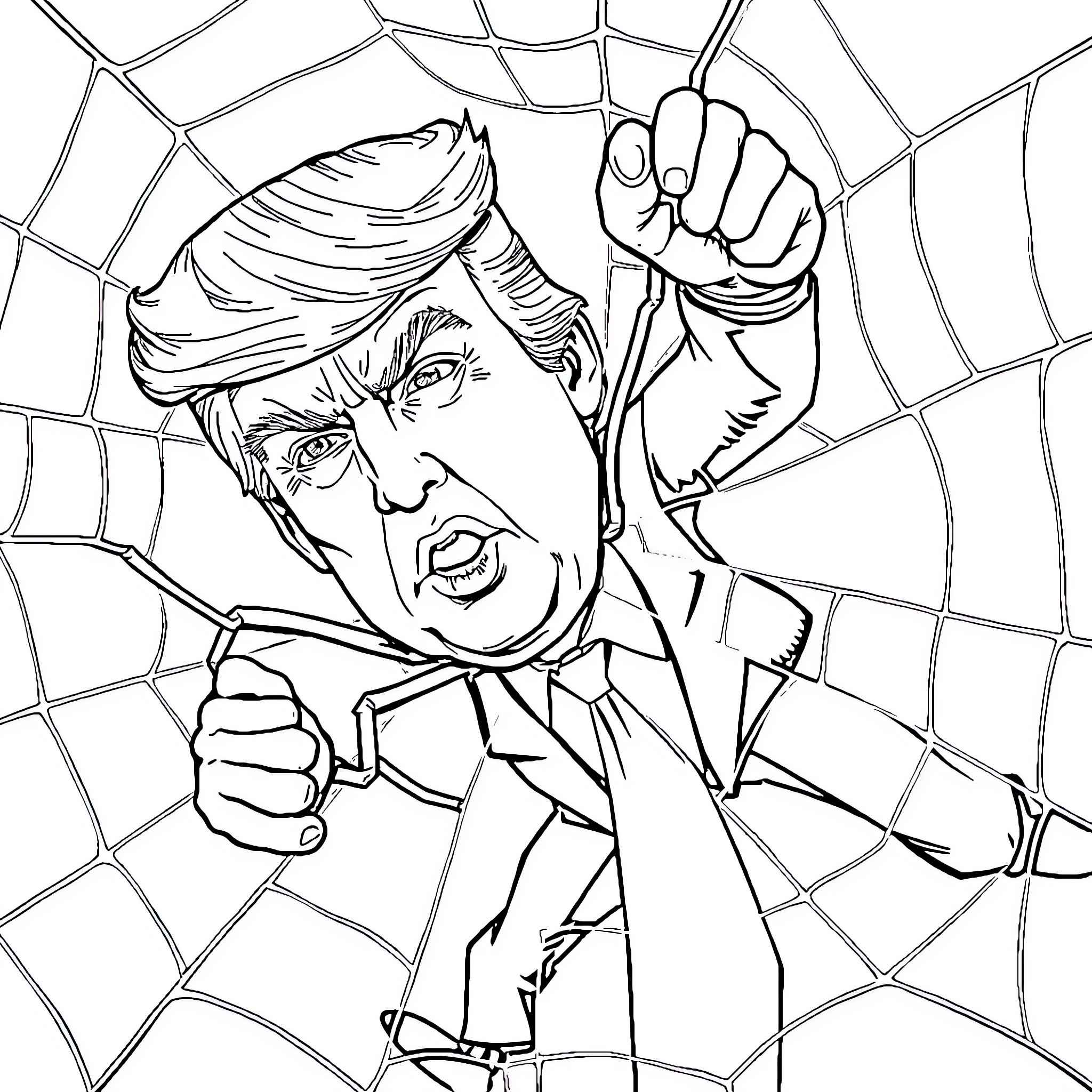 Donald Trump Breaking Through Glass Ceiling in Anger Coloring Page (free black-and-white line drawing printable PDF for all, from beginners to advanced learners, including children, teens, adults, and seniors)