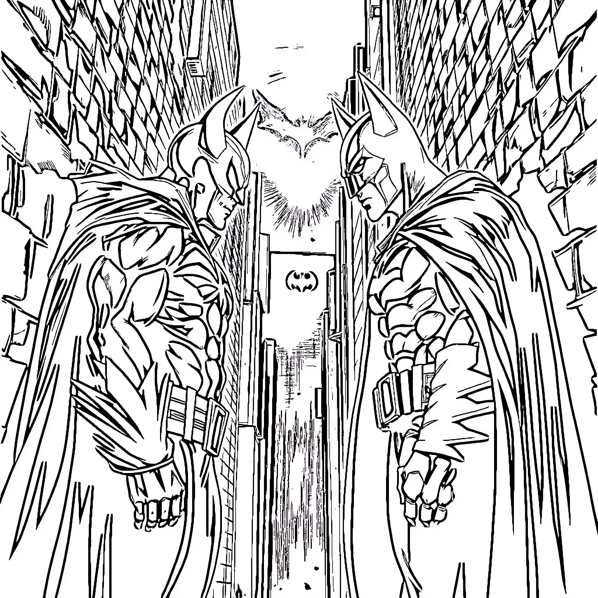 Spawn of Heroic Adversaries in Stylized City Coloring Page (free black-and-white line drawing printable PDF for all, from beginners to advanced learners, including children, teens, adults, and seniors)