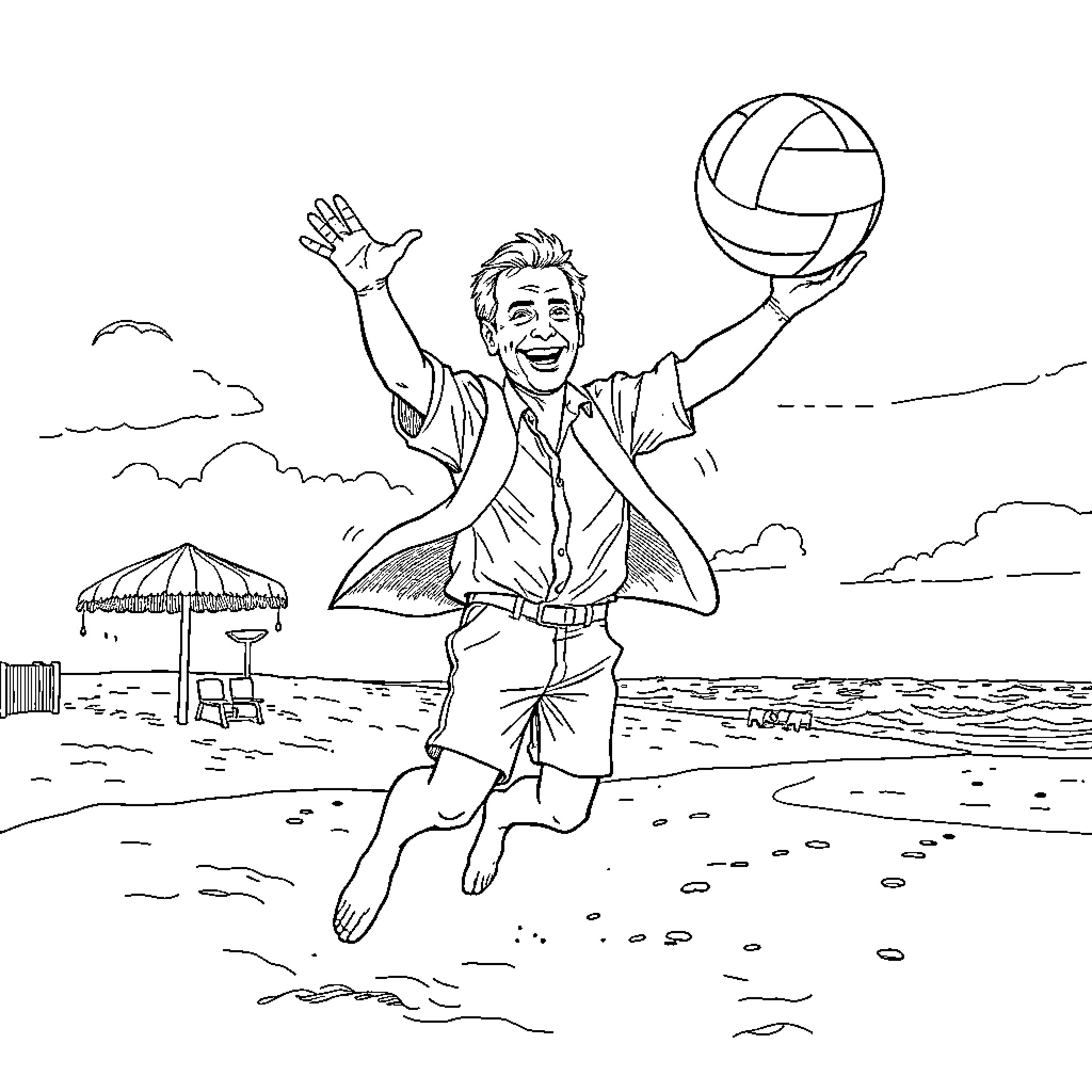 Prime Minister Playing Volleyball on the Beach Coloring Page (free black-and-white line drawing printable PDF for all, from beginners to advanced learners, including children, teens, adults, and seniors)