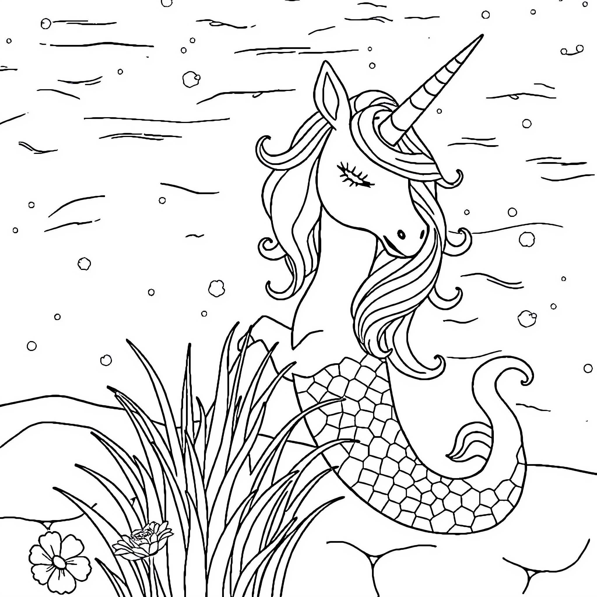 Unicorn mermaid swimming in the sea Coloring Page (free black-and-white line drawing printable PDF for all, from beginners to advanced learners, including children, teens, adults, and seniors)