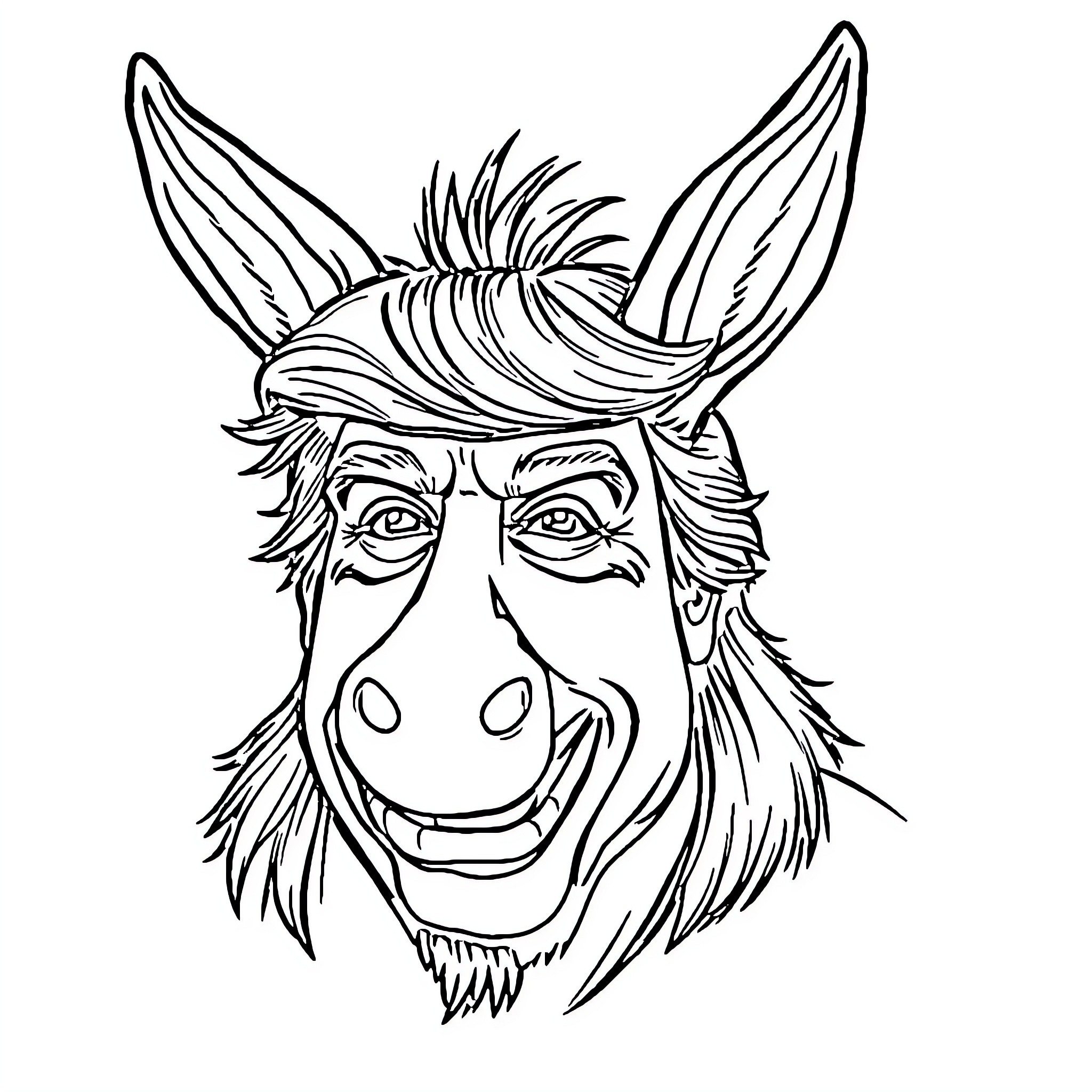 Donkey with expressive features and hairstyle Coloring Page (free black-and-white line drawing printable PDF for all, from beginners to advanced learners, including children, teens, adults, and seniors)