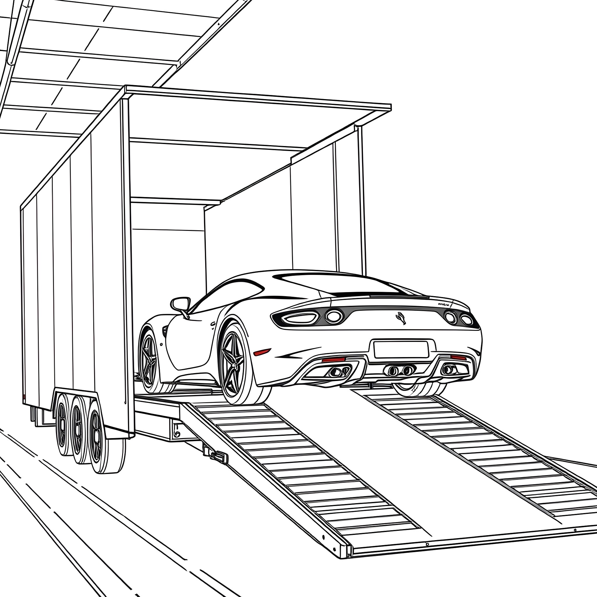 Car Trailer Transporting Sports Car Indoors Coloring Page (free black-and-white line drawing printable PDF for all, from beginners to advanced learners, including children, teens, adults, and seniors)