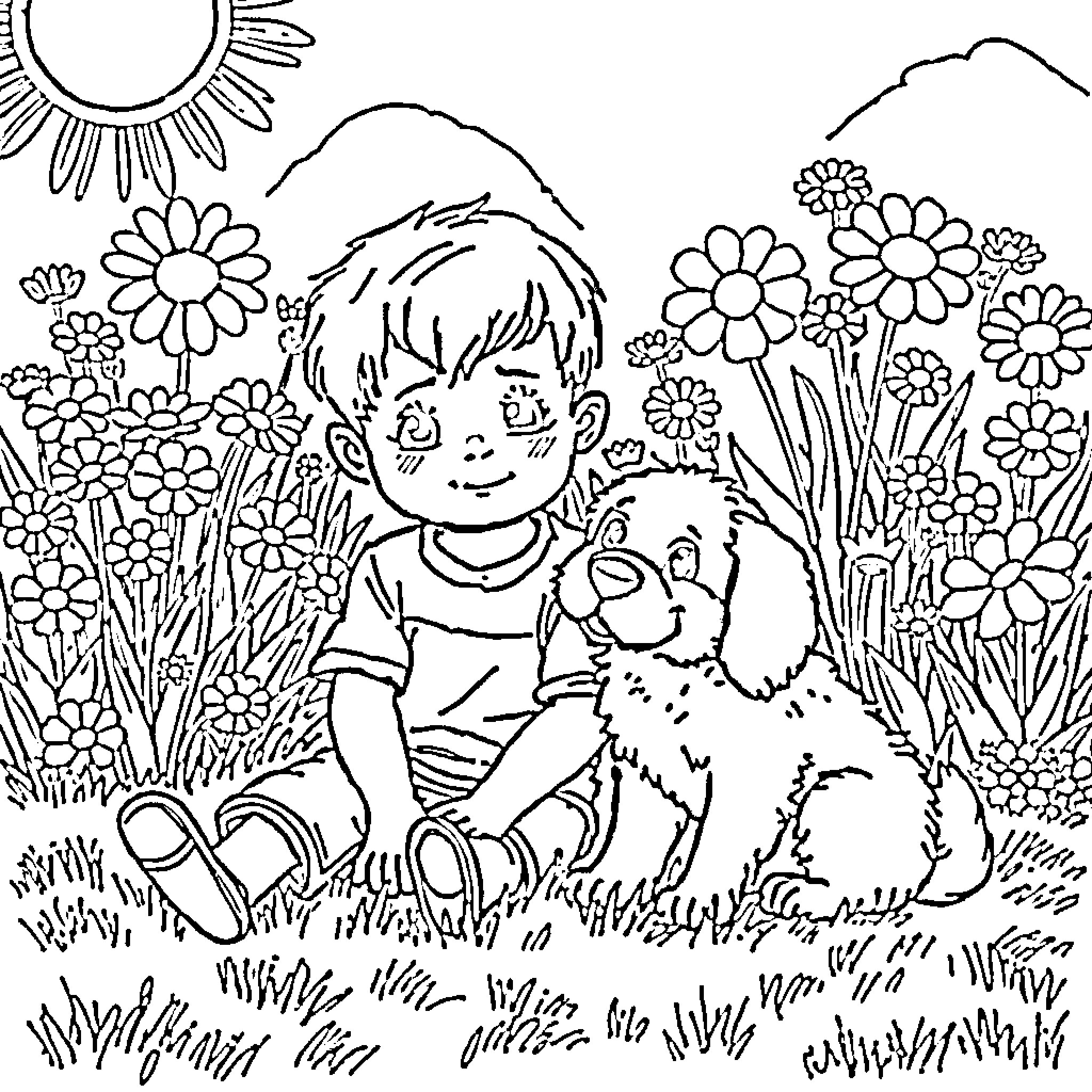 Boy playing with dog in flowery meadow Coloring Page (free black-and-white line drawing printable PDF for all, from beginners to advanced learners, including children, teens, adults, and seniors)