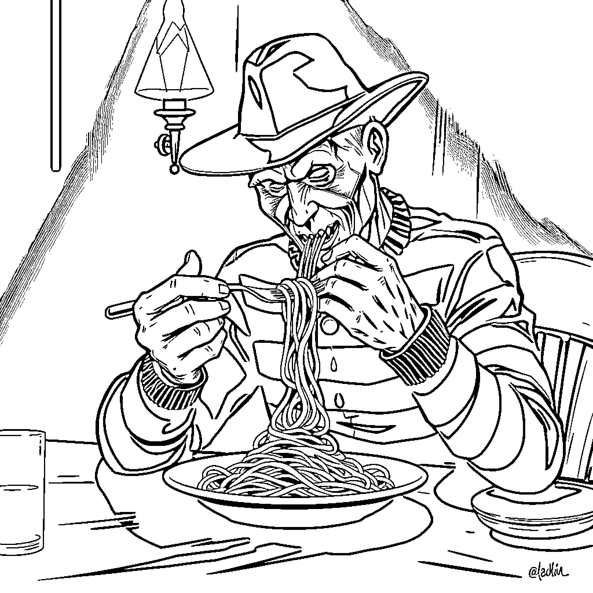 Freddy Kruger Savors His Sinister Spaghetti Supper Coloring Page (free black-and-white line drawing printable PDF for all, from beginners to advanced learners, including children, teens, adults, and seniors)