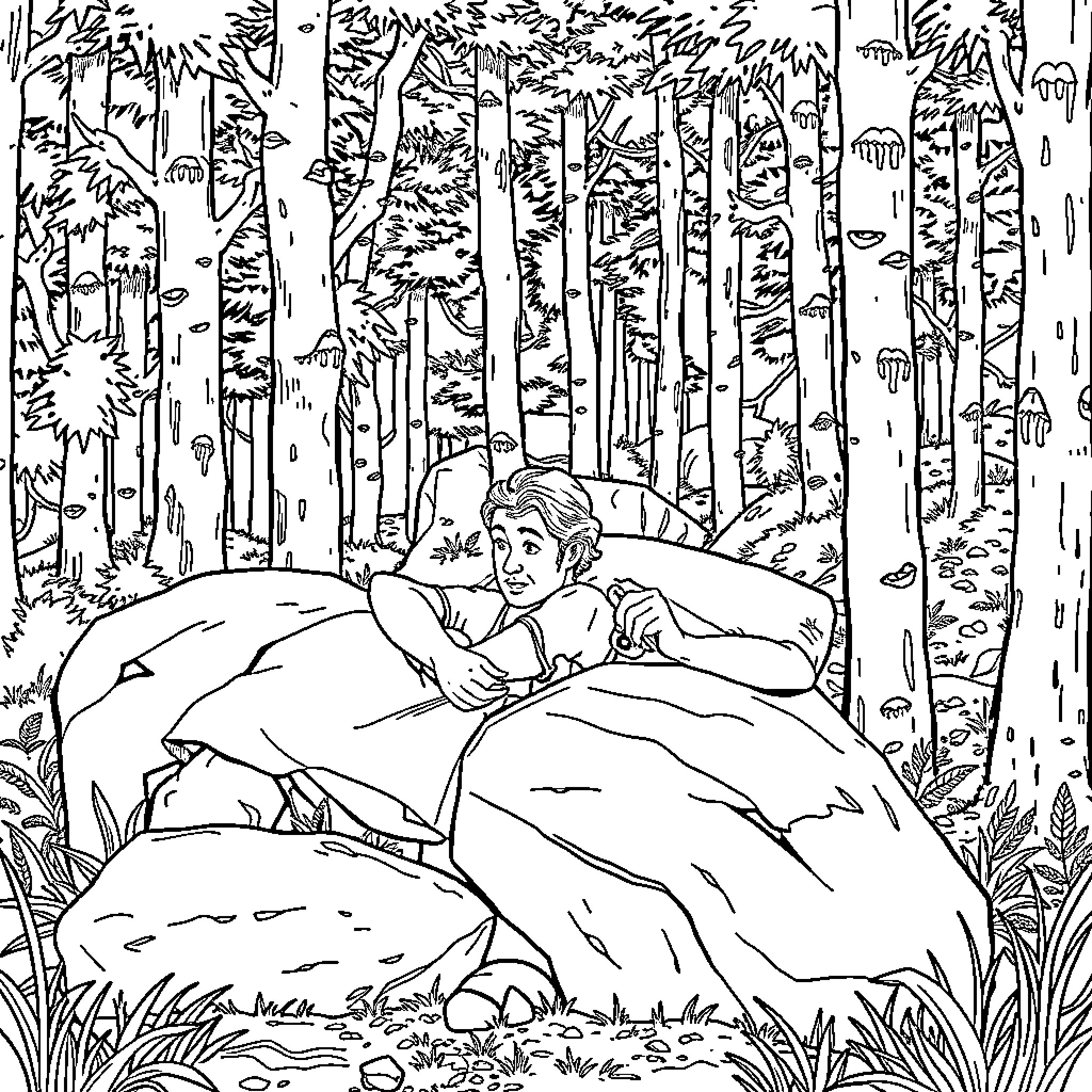 Man resting peacefully in the forest Coloring Page (free black-and-white line drawing printable PDF for all, from beginners to advanced learners, including children, teens, adults, and seniors)