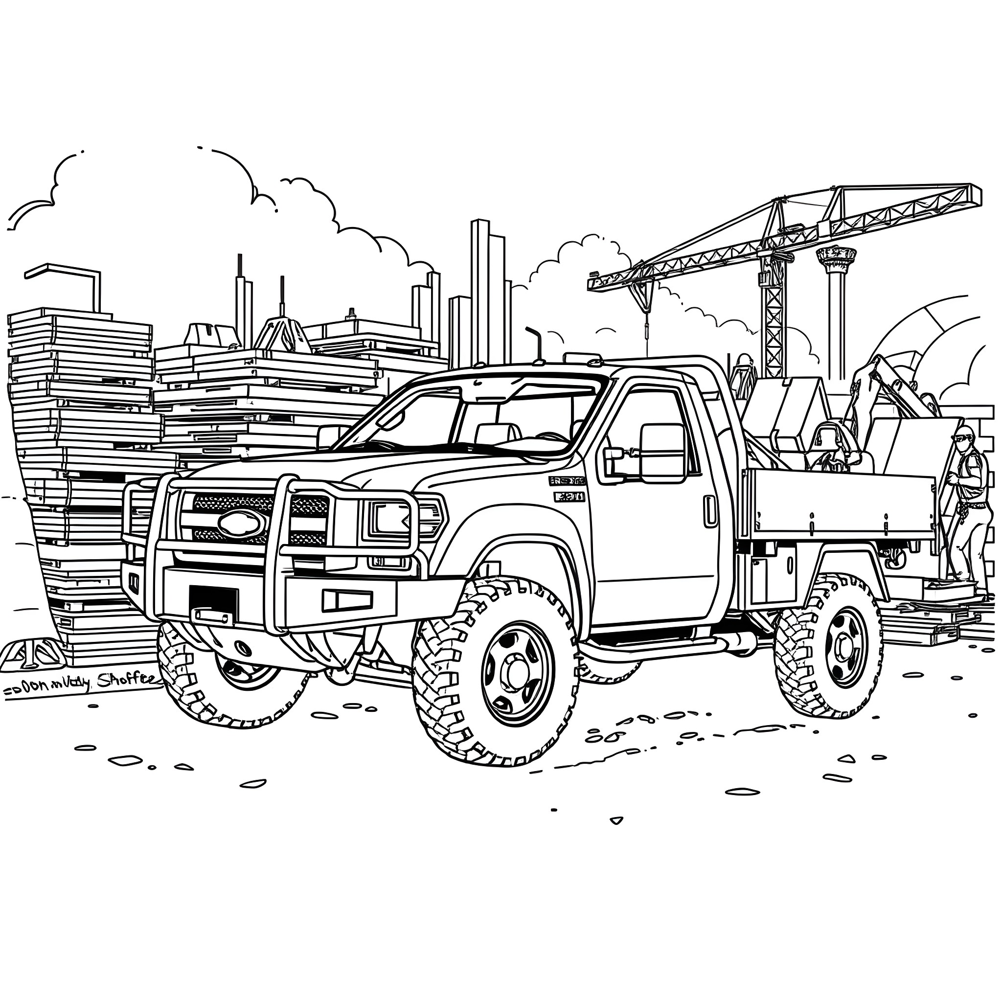 Pickup truck in construction site Coloring Page (free black-and-white line drawing printable PDF for all, from beginners to advanced learners, including children, teens, adults, and seniors)
