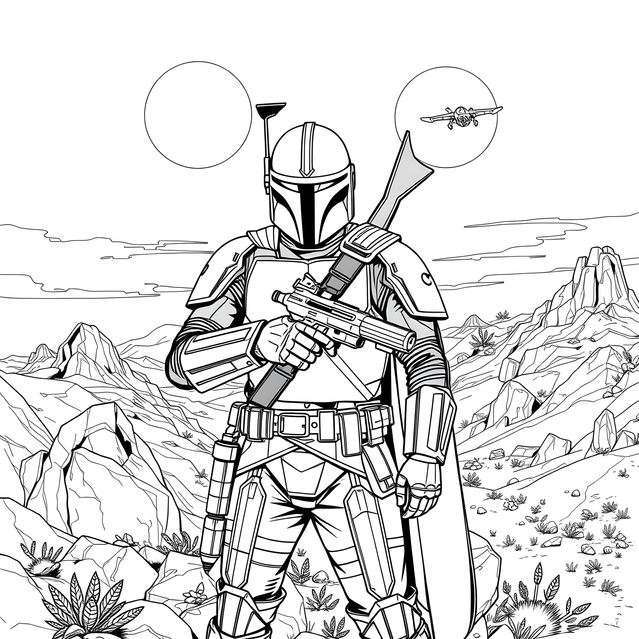Mandalorian Warrior in Rugged Terrain with Drone Coloring Page (free black-and-white line drawing printable PDF for all, from beginners to advanced learners, including children, teens, adults, and seniors)