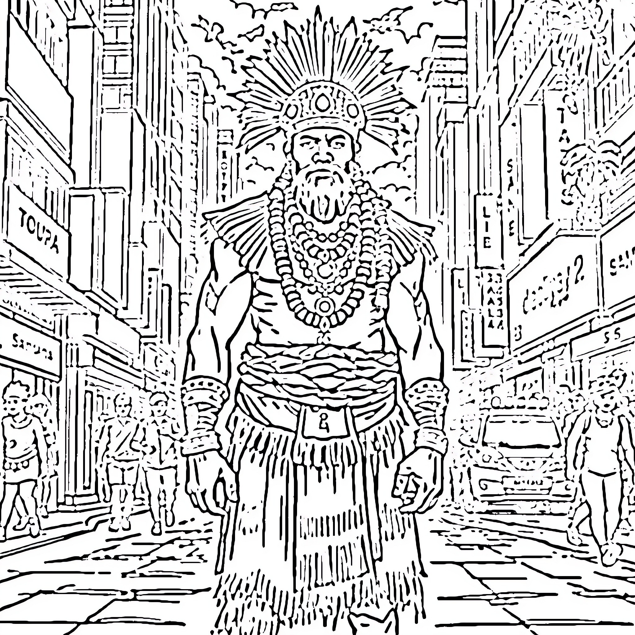 Samoan Warrior in Traditional Ceremonial Attire Coloring Page (free black-and-white line drawing printable PDF for all, from beginners to advanced learners, including children, teens, adults, and seniors)