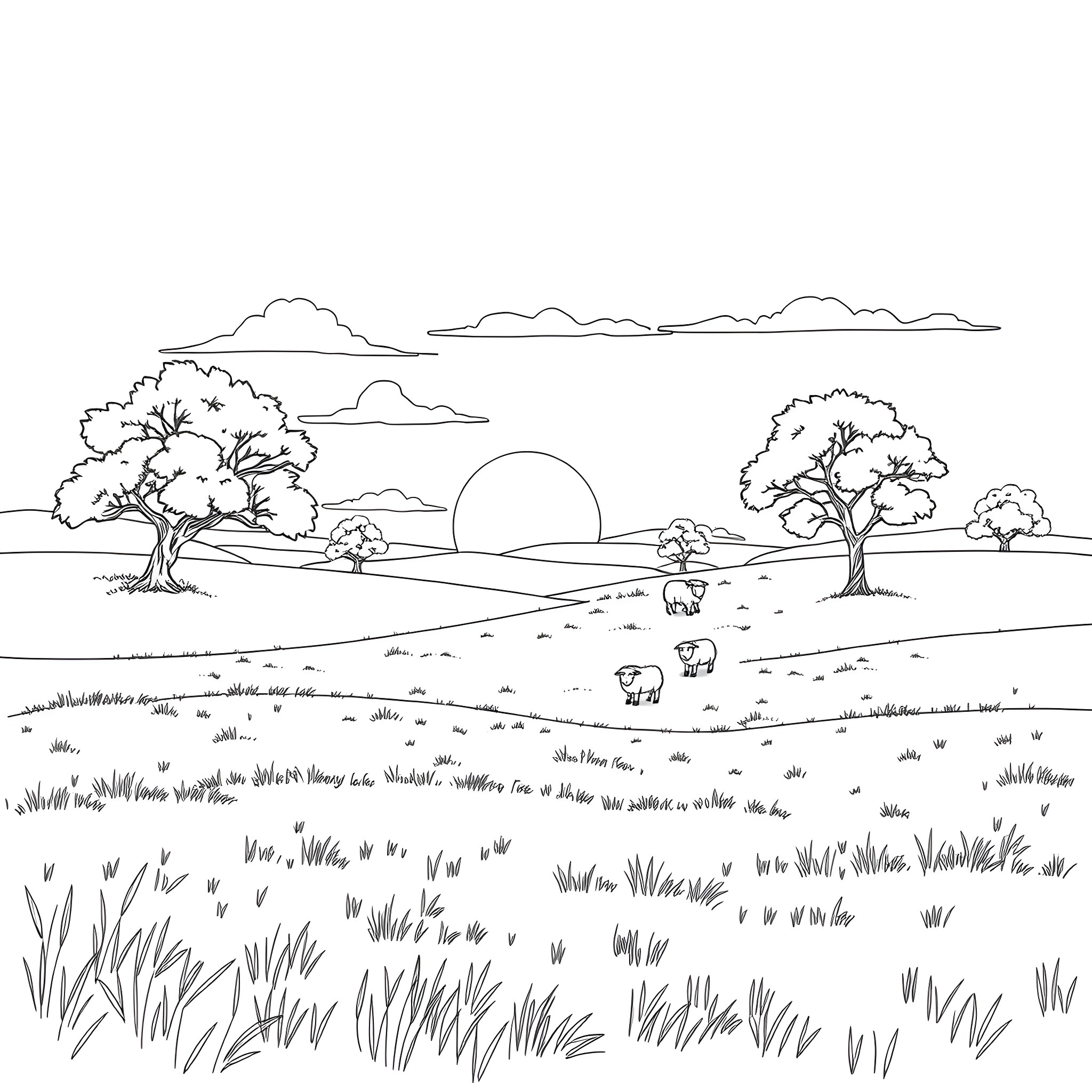 Sheep grazing peacefully in a rural landscape Coloring Page (free black-and-white line drawing printable PDF for all, from beginners to advanced learners, including children, teens, adults, and seniors)