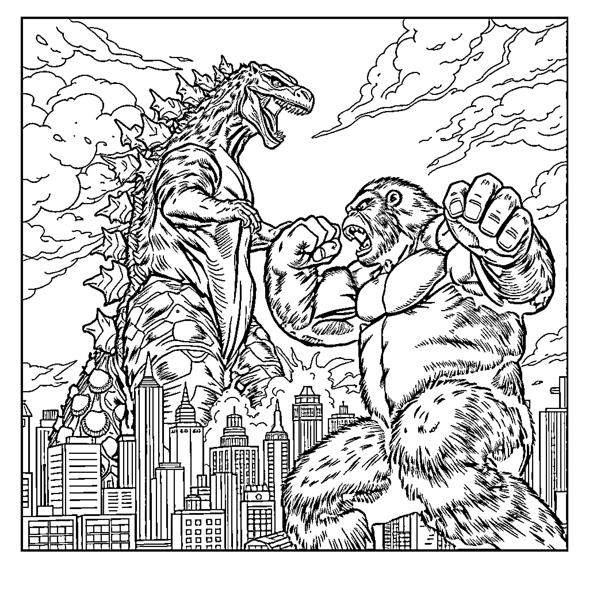 Godzilla fighting a giant ape in the city Coloring Page (free black-and-white line drawing printable PDF for all, from beginners to advanced learners, including children, teens, adults, and seniors)