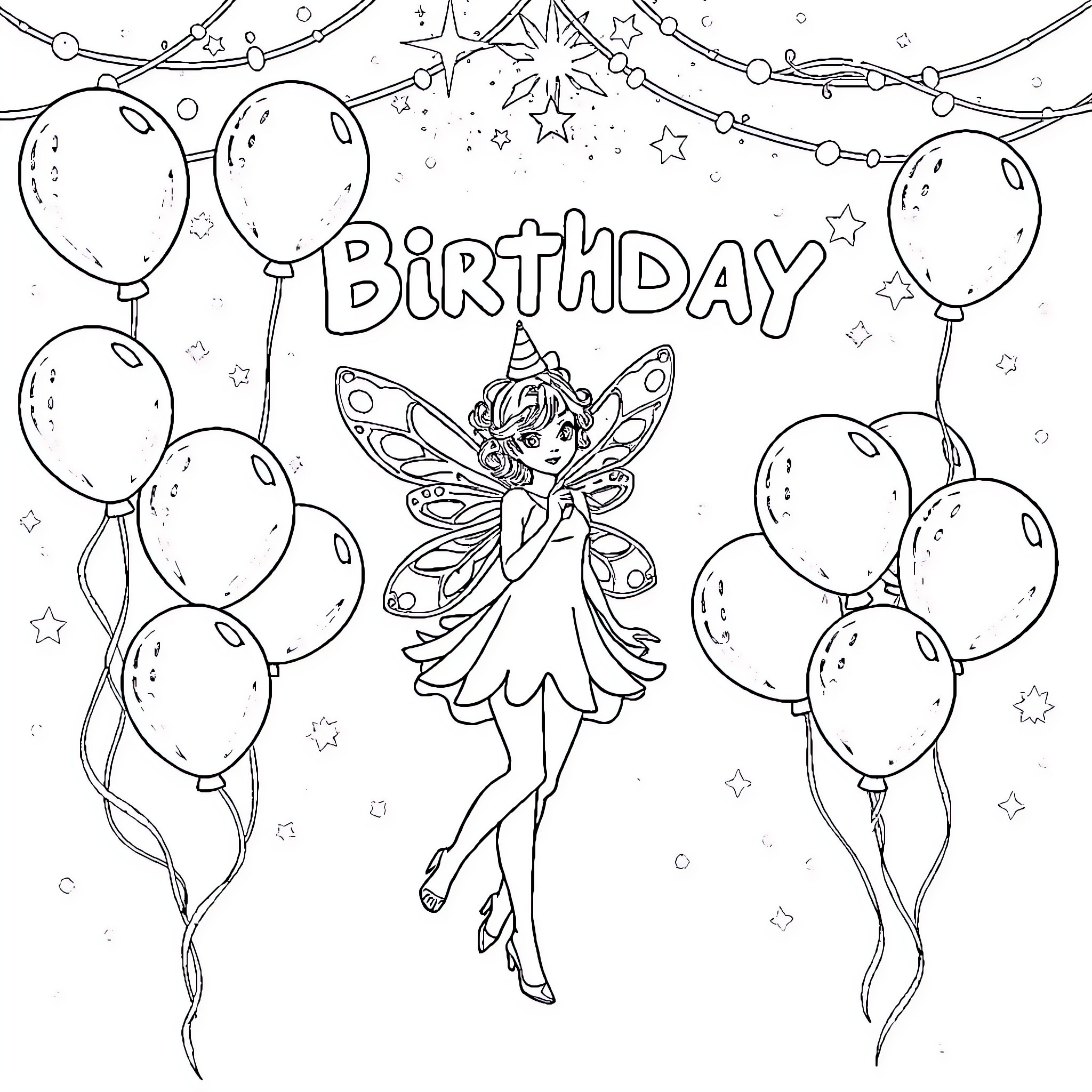 Fairy celebrates a birthday party with balloons Coloring Page (free black-and-white line drawing printable PDF for all, from beginners to advanced learners, including children, teens, adults, and seniors)