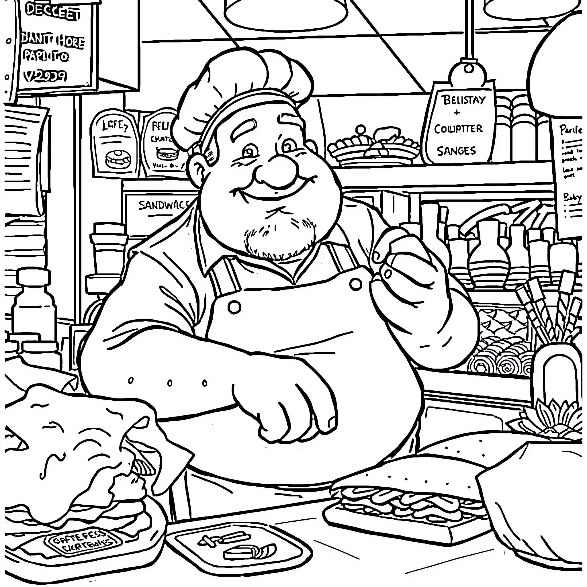 Italian Man Running a Sandwich Shop with Enthusiasm Coloring Page (free black-and-white line drawing printable PDF for all, from beginners to advanced learners, including children, teens, adults, and seniors)