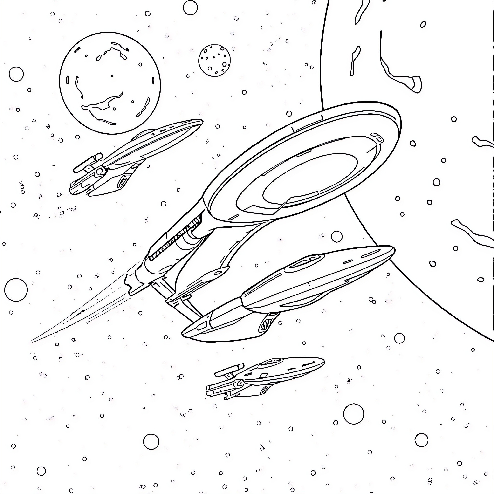 Star Trek: Starships Soaring Through the Cosmos Coloring Page (free black-and-white line drawing printable PDF for all, from beginners to advanced learners, including children, teens, adults, and seniors)