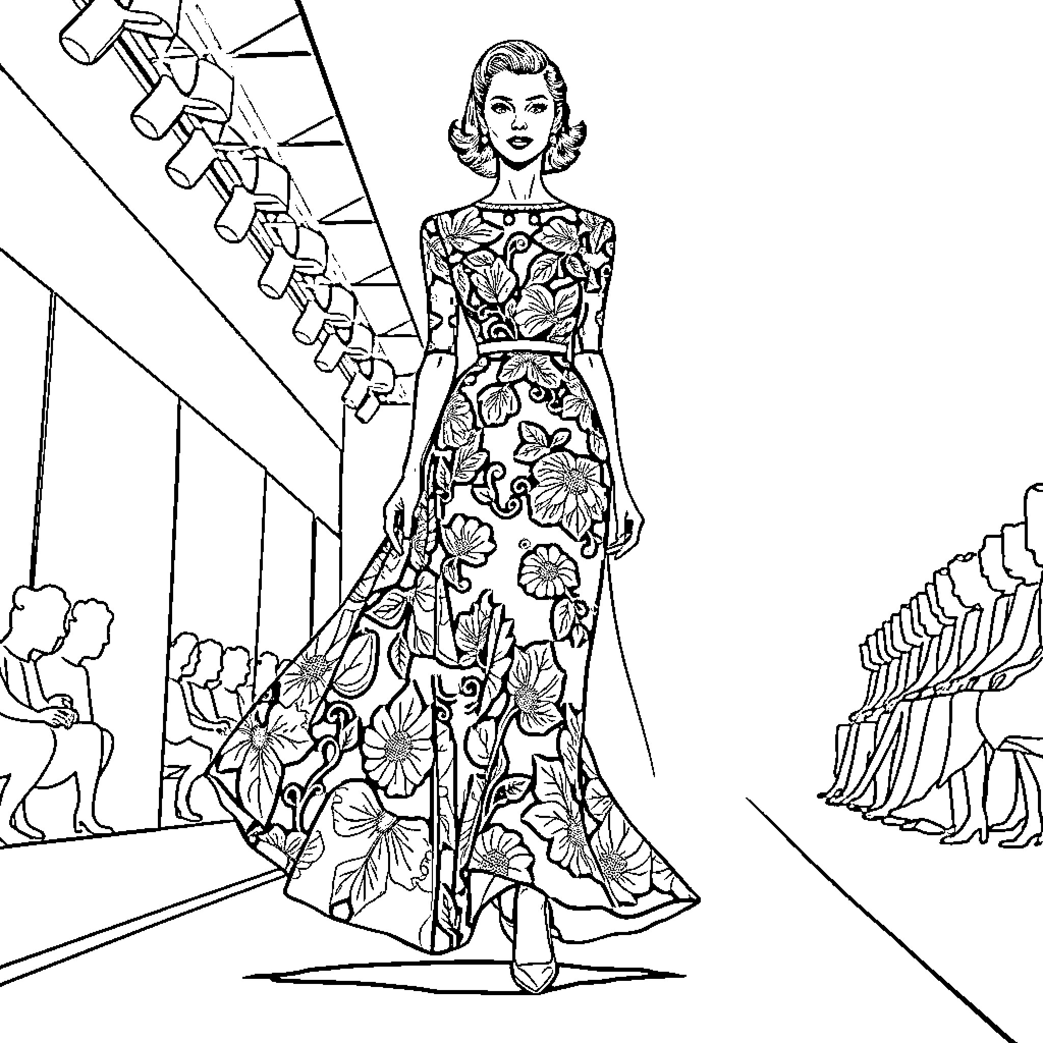 Model walking down the runway in floral dress Coloring Page (free black-and-white line drawing printable PDF for all, from beginners to advanced learners, including children, teens, adults, and seniors)