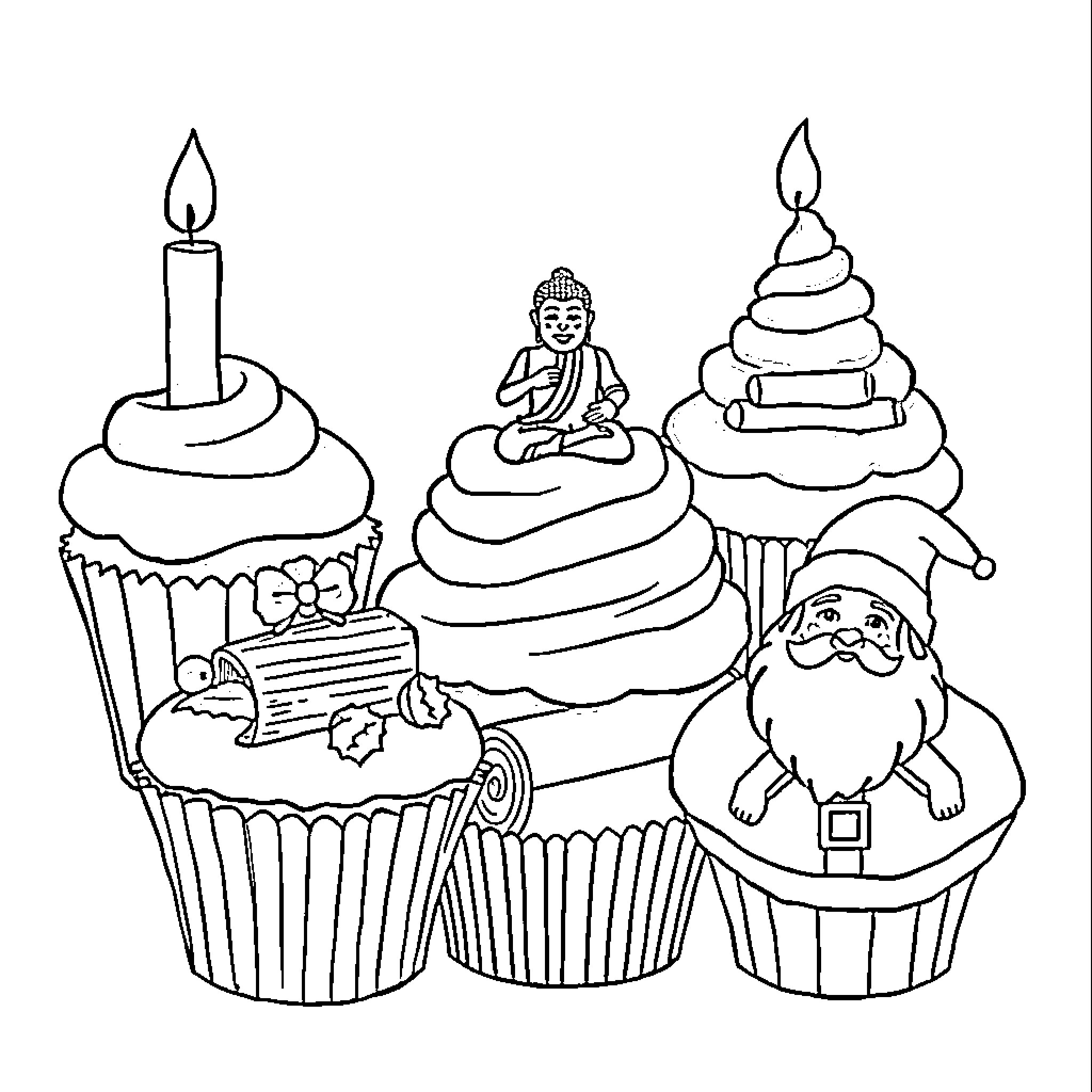 Cupcake Delights with Holiday Decorations Coloring Page (free black-and-white line drawing printable PDF for all, from beginners to advanced learners, including children, teens, adults, and seniors)