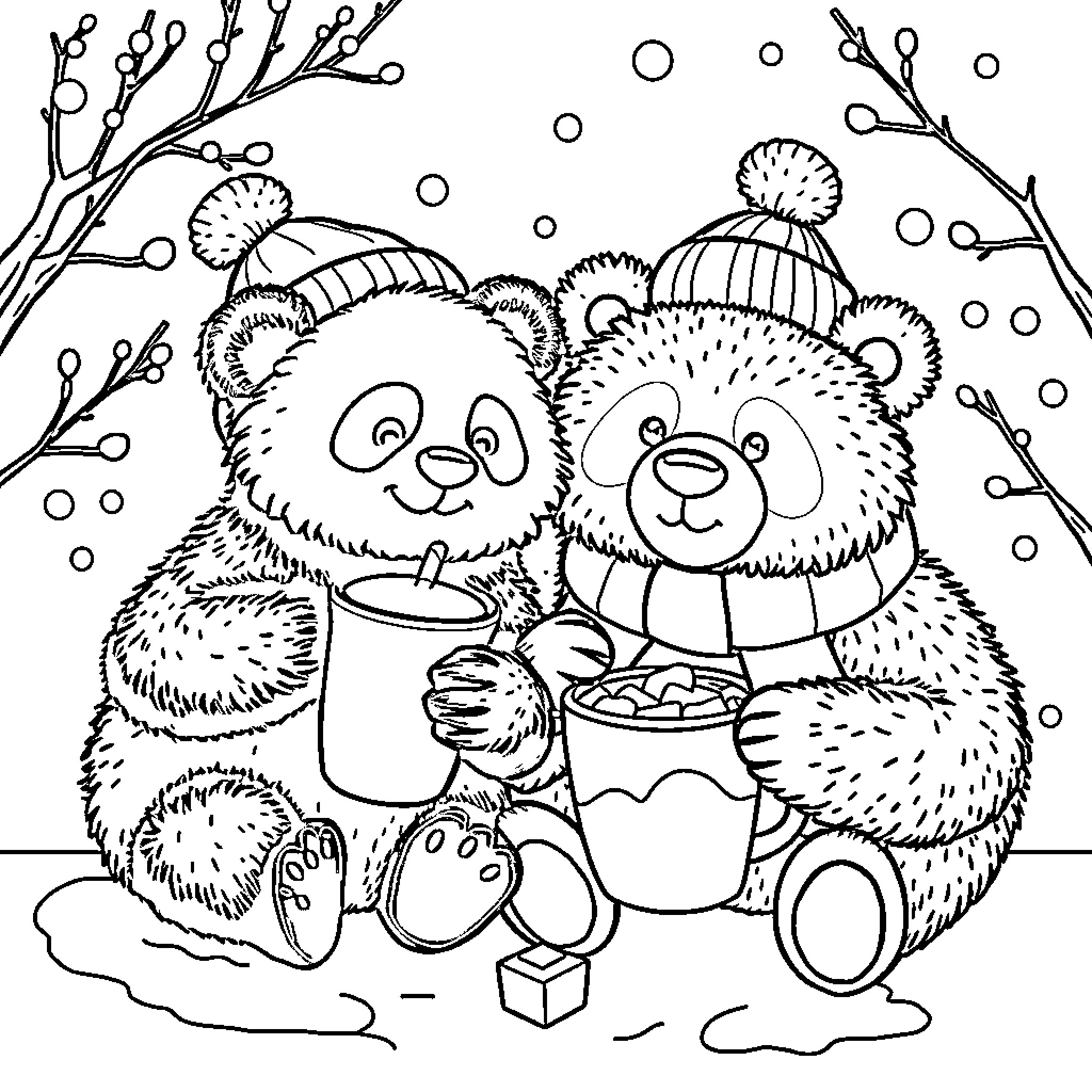 Panda Bears Enjoying Winter Fun Coloring Page (free black-and-white line drawing printable PDF for all, from beginners to advanced learners, including children, teens, adults, and seniors)