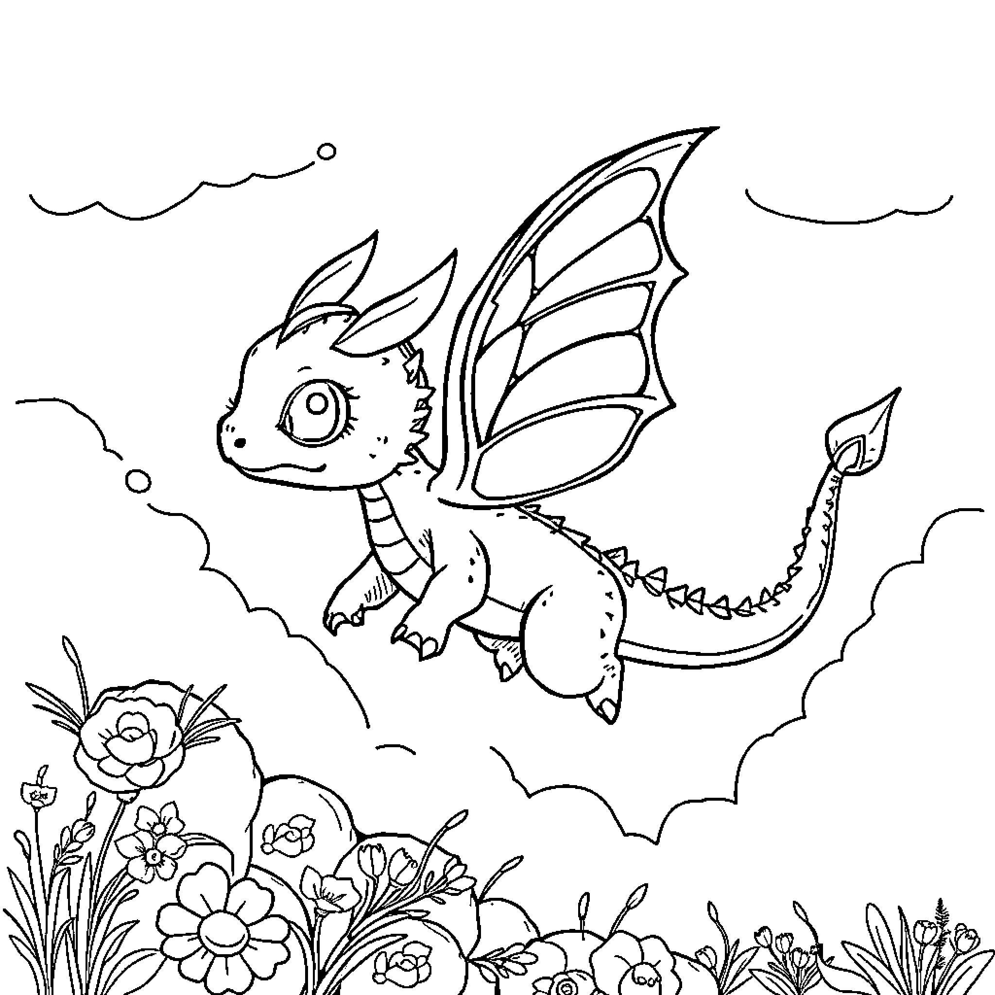 Dragon soaring through the enchanted garden Coloring Page (free black-and-white line drawing printable PDF for all, from beginners to advanced learners, including children, teens, adults, and seniors)
