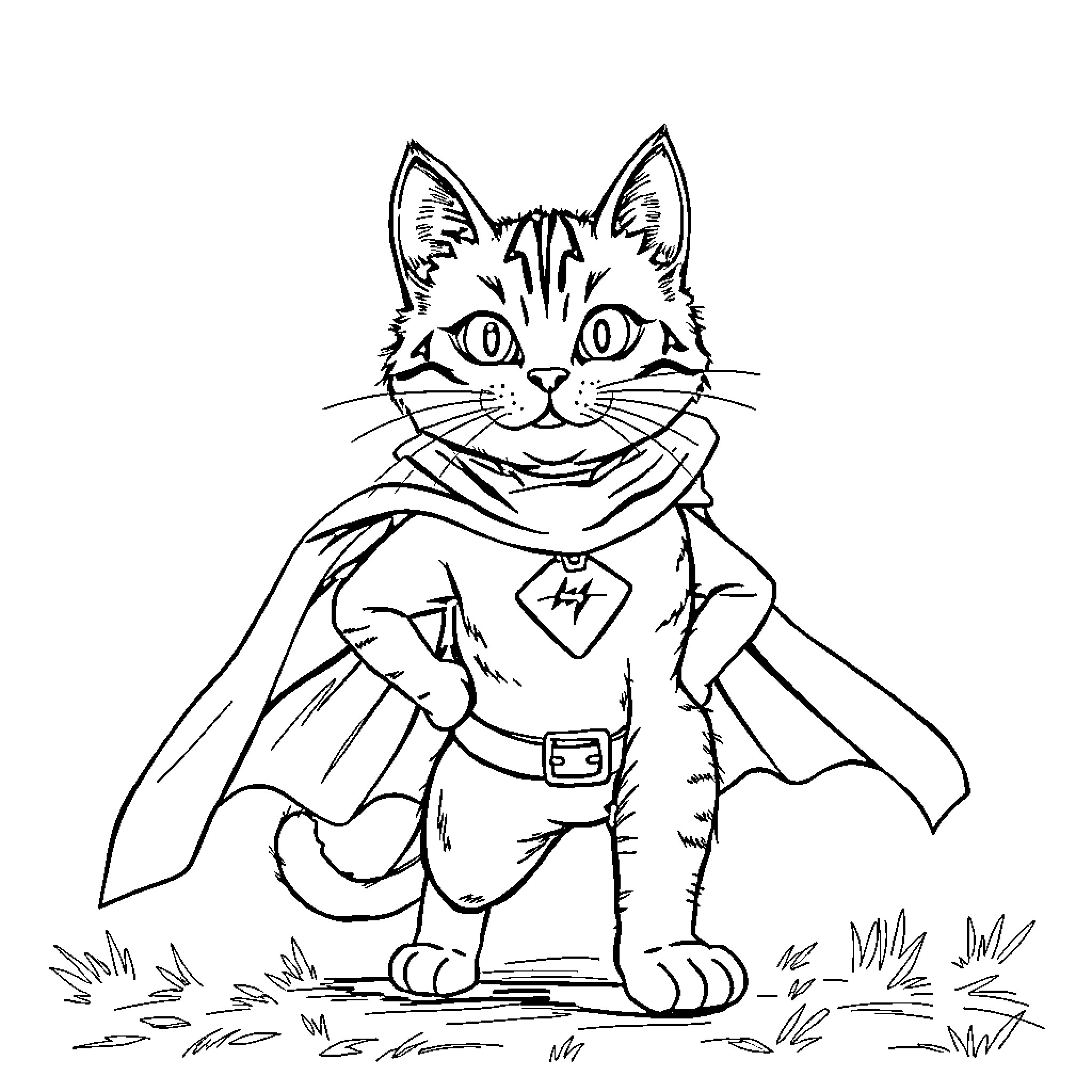 Cat superhero in costume standing on grass Coloring Page (free black-and-white line drawing printable PDF for all, from beginners to advanced learners, including children, teens, adults, and seniors)